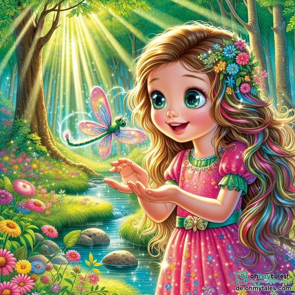 Ein etwa 8-jähriges Mädchen namens Lila steht am Ufer eines plätschernden Baches. Sie hat lange, wellige Haare, die wie goldene Fäden glänzen, und trägt ein rosa Kleid mit bunten Blumen. Ihr Gesicht strahlt vor Staunen, ihre Augen funkeln vor Neugier. Neben ihr landet eine schimmernde Libelle mit schillernden Flügeln sanft auf ihrer Hand und flüstert ihr magische Worte zu. Im Hintergrund erstreckt sich ein dichter Wald mit majestätischen Bäumen und leuchtend grünen Blättern. Bunte Blumen bedecken den Boden, und Sonnenstrahlen brechen durch die Äste und schaffen ein märchenhaftes Lichtspiel. Die Szene zeigt den Moment, in dem Lila die verzauberte Libelle entdeckt, bereit, sie in eine magische Welt zu führen.