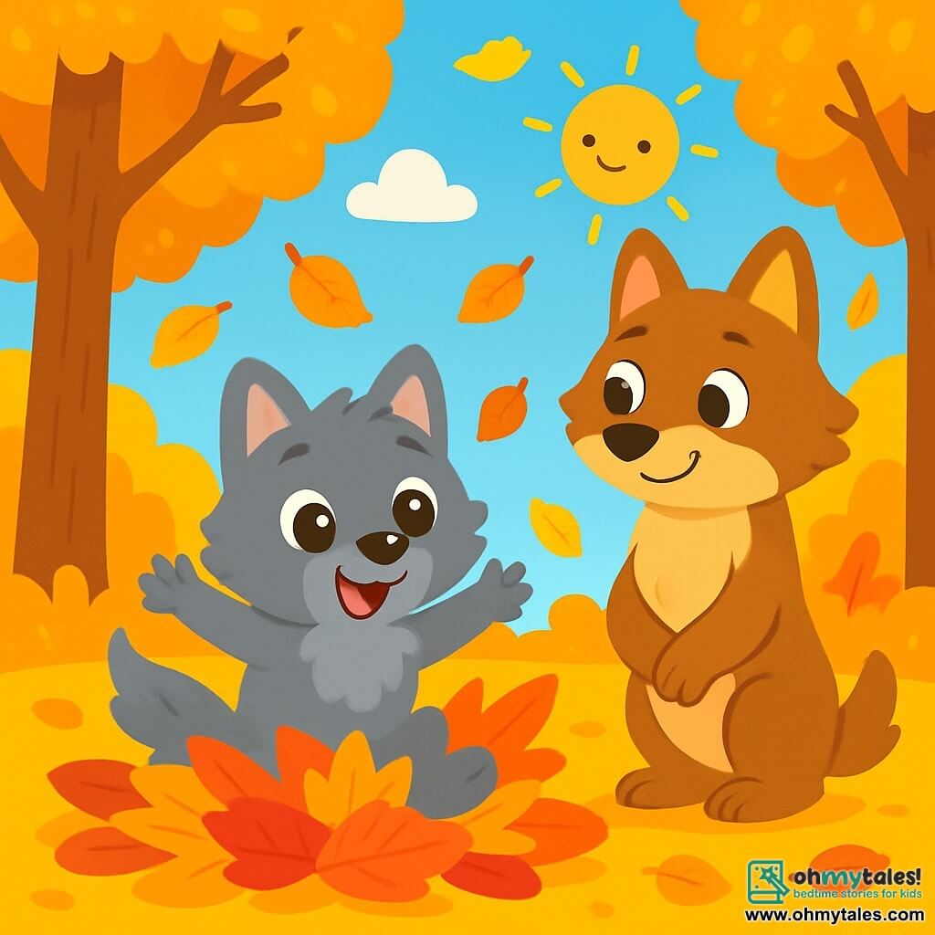 A small gray wolf with soft fur, big bright eyes, and a joyful smile jumps into a pile of vibrant autumn leaves: red, orange, and yellow. Full of energy and happiness, his paws sink into the crunchy leaves. Next to him, his mother, a light brown she-wolf, watches him with a tender and amused smile, her eyes sparkling with pride. She stands with her paws crossed, surrounded by gently falling leaves. The scene takes place in an enchanted forest, where majestic trees are adorned with golden leaves, and the ground is covered with a colorful carpet of leaves. The sky is light blue with fluffy white clouds, and the sun shines, creating a warm and joyful atmosphere. The little wolf enjoys jumping and playing in the leaves while his mother watches him lovingly, creating a magical autumn moment filled with laughter and happiness.