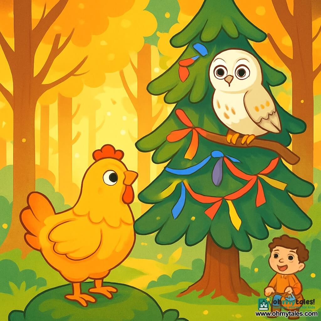 A small hen named Marigold, with golden feathers soft as cake batter, stands on a gentle carpet of green moss. Her eyes shine with determination and hope as she gazes at a majestic pine tree adorned with colorful ribbons. Next to her, a white owl named Whisper, perched on a branch, has round, curious eyes, attentively observing the scene. In the background, a young boy in muddy boots, around eight years old, smiles in wonder, holding a small basket filled with colorful berries. The setting is an enchanted forest, bathed in golden light, with tall trees and shimmering leaves under the setting sun. The main scene shows Marigold and Whisper united in their mission to protect the pine, surrounded by a joyful and friendly atmosphere, ready to welcome all the forest animals.