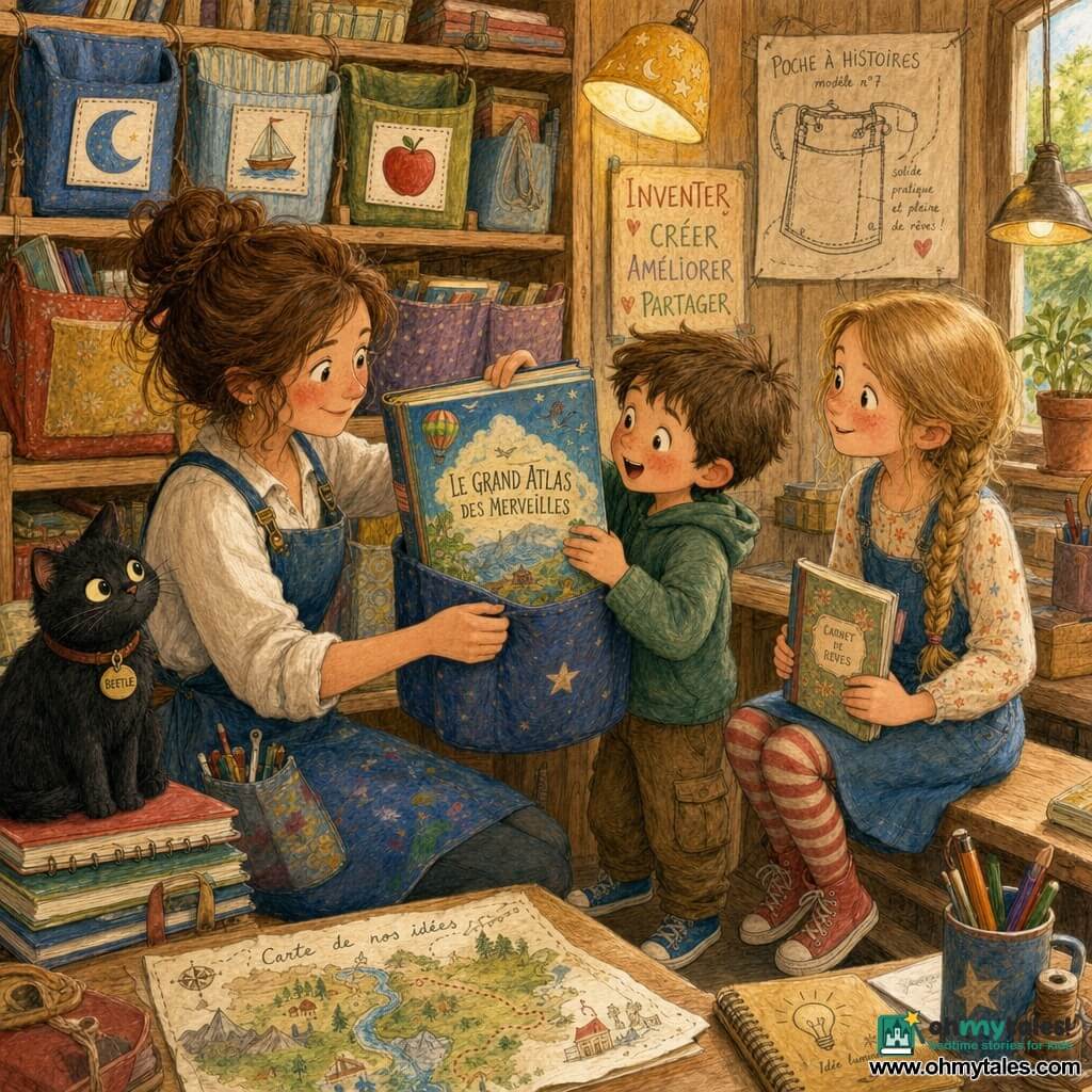 A smiling, focused female inventor with rosy cheeks and a messy bun in a paint-stained blue apron kneels and gently adjusts a fabric pocket to slip in a large colorful book; a wide-eyed ~6-year-old brown-haired boy holds and offers a very large illustrated album, a ~7-year-old girl with a long blonde braid smiles while holding a small book seated on a bench, and a small round black cat named Beetle perches on a stack of notebooks watching; warm workshop with light wood walls, tall shelves of colorful fabric pockets with illustrated tabs (moon, boat, apple), soft yellow lamps, visible fabric and page textures, bright colored pencils, atmosphere of gentle, joyful cooperation.