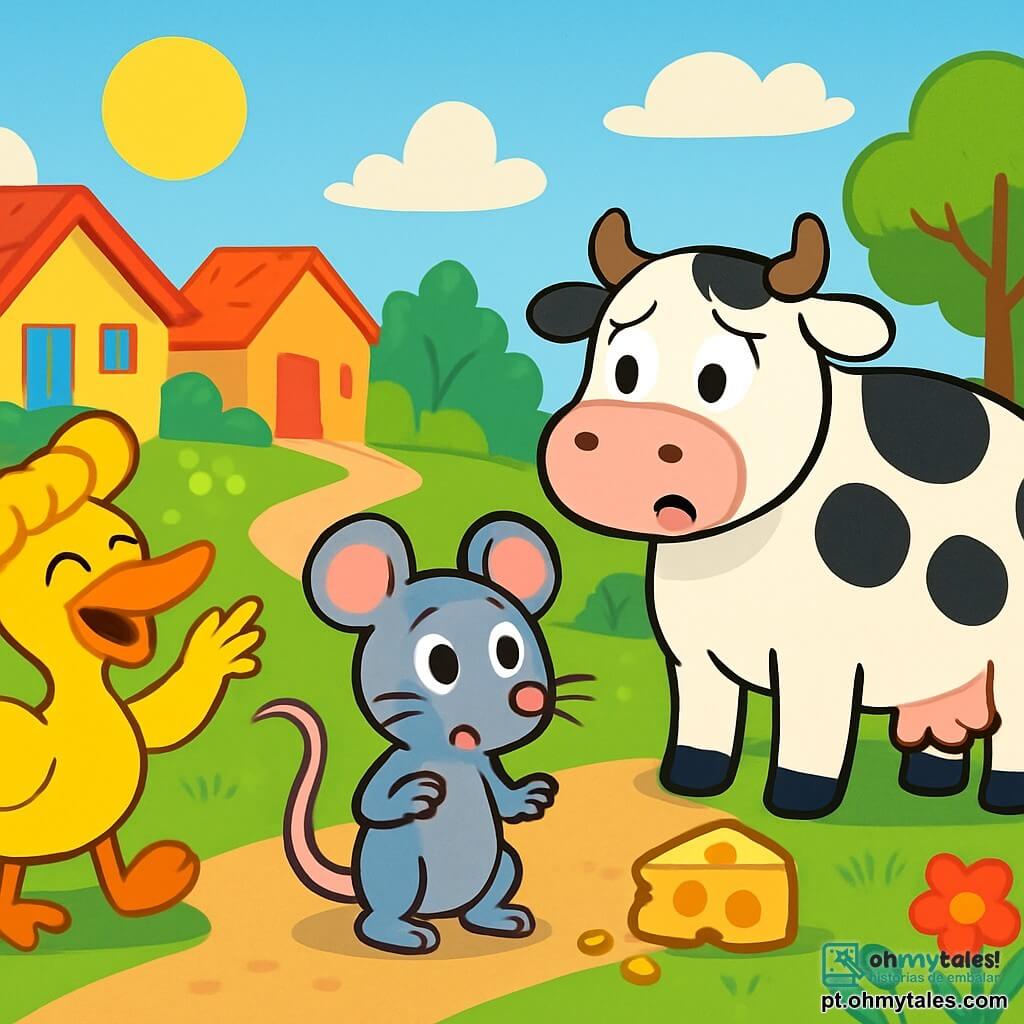 Um pequeno rato chamado Tito, com pelagem cinza suave e olhos brilhantes de curiosidade, está no centro da cena, com uma expressão surpresa e divertida, olhando ao redor. À sua direita, a vaca Bebel, grande e redonda, com manchas brancas e pretas, parece triste e perplexa, observando uma fatia de queijo que desapareceu. À esquerda, o pato Patolino, com plumagem amarelo-vivo e um grande chapéu de macarrão na cabeça, ri fazendo gestos cômicos. Ao fundo, a vila dos Animais Sorridentes está repleta de casas coloridas, flores vibrantes e árvores verdes, sob um céu azul ensolarado. A cena mostra Tito e seus amigos procurando pistas para encontrar o queijo desaparecido de Bebel, com rastros de queijo e risadas no ar.