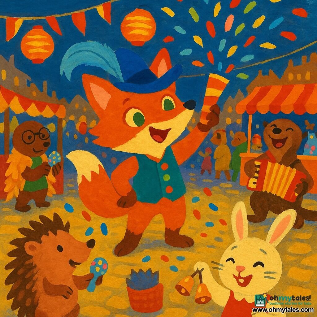 Pippa, a mischievous, cheerful anthropomorphic fox with bright orange fur, a fluffy white-tipped tail, sparkling green eyes, a large blue-feathered hat and a rainbow-buttoned vest, beams and raises a hand to fire a multicolored confetti cannon; behind her left stands Marvin, a small round mole with soft brown fur, round glasses and a cape of golden leaves, shaking a tiny jellybean shaker; to the right Nia, a glossy brown otter musician, enthusiastically plays an accordion; in the foreground Bella, a white mischievous bunny candy seller, jingles small bells; center-left Hugo, a brown-spiked hedgehog juggler, tosses jellybeans into the air. The carnival square is paved with old stones, draped in red-and-yellow striped bunting, hanging paper lanterns and painted wooden stalls, a crowd of colorfully costumed animals in the background, confetti and lanterns drifting through the dusk—a festive grand finale with a burst of confetti as the friends play a collective melody, dynamic composition, warm colors and thick gouache textures.