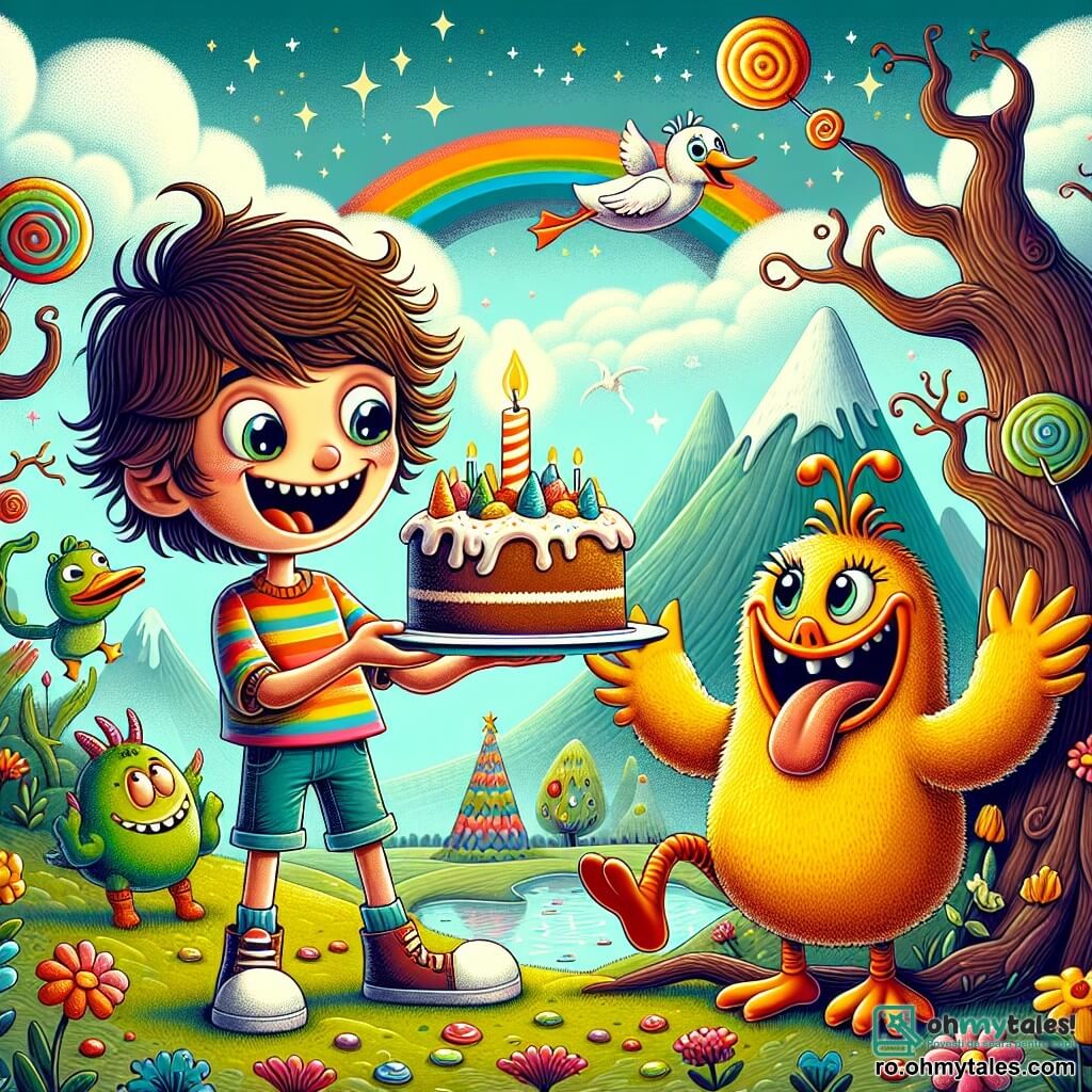 Un băiat de 12 ani, pe nume Vasilică, stă în centrul imaginii, cu părul castaniu și un zâmbet mare pe față. Poartă o cămașă colorată cu dungi și o pereche de pantaloni scurți din denim, ținând în mâini o prăjitură cu morcov, gata să o ofere. Lângă el, un raț cu numele Domnul Quack, cu pene galbene strălucitoare și un aer jucăuș, se ridică puțin în aer, cu aripile desfăcute, ca și cum ar fi gata să zboare. În fundal, un peisaj fermecător din Regatul Măgărețului se desfășoară, cu copaci cu trunchiuri răsucite, flori multicolore și munți depărtați sub un cer albastru presărat cu nori în formă de bomboane. Situația principală îl arată pe Vasilică întinzând prăjitura Monstrului, o creatură amuzantă cu un corp rotund și ochi strălucitori, care stă lângă un copac, cu un zâmbet vesel pe față, gata să guste din delicioasa dulce.