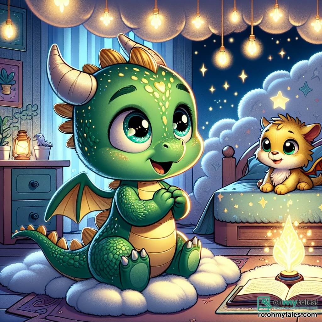 Pufi, un mic dragon cu solzi verzi strălucitori și cu ochi plini de curiozitate, stă în camera sa, privind o lampă magică care luminează ușor încăperea. Are o expresie atât de uimită, cât și puțin temătoare, cu aripile mici lipite de corp. Lângă el, mama sa dragon, cu solzi aurii și un zâmbet liniștitor, stă pe pat, ținând o carte deschisă. Ea pare blândă și protectoare, încurajându-l pe Pufi să-și depășească frica. Camera este decorată cu nori din pluș și stele strălucitoare pe tavan, creând o atmosferă caldă și reconfortantă. Un covor pufos în formă de nor este întins pe podea, adăugând o notă de magie. În această scenă, Pufi, cu lampa sa magică aprinsă, învață să-și îmblânzească anxietatea față de întuneric, în timp ce mama îi citește o poveste plină de curaj și aventuri, sub lumina blândă care le luminează mica lume.