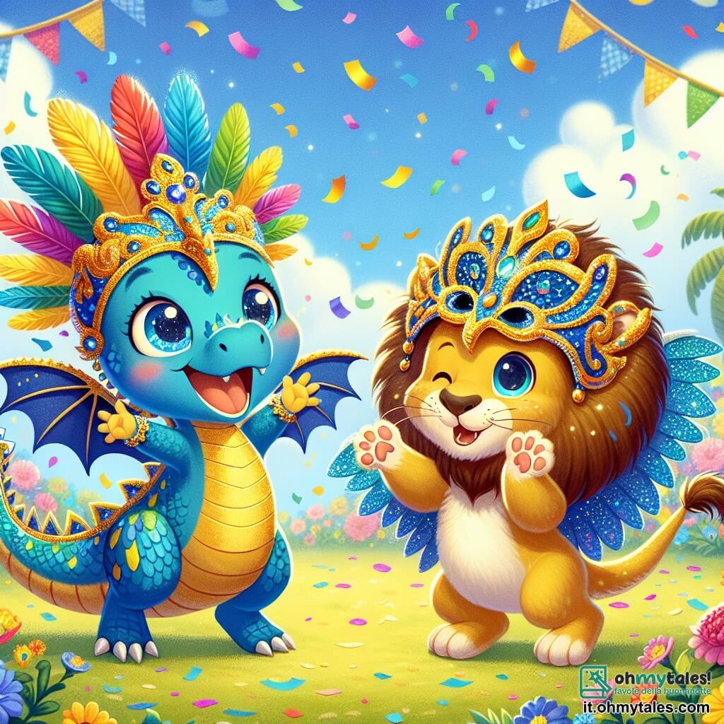 Un piccolo drago dalle squame blu e gialle, con grandi occhi scintillanti di gioia, sta danzando con entusiasmo, le ali spiegate e un grande sorriso sul volto. Indossa un magnifico mantello decorato con piume colorate che brillano al sole. Accanto a lui, un leone dalla criniera fiammeggiante e dorata, con uno sguardo fiero e felice, applaude battendo le zampe, pronto a unirsi alla danza. La scena si svolge in un paesaggio da favola, pieno di fiori vivaci e coriandoli che fluttuano nell'aria, sotto un cielo azzurro dove nuvole soffici danzano gioiosamente. Il drago e il leone celebrano insieme il Carnevale, circondati da colori vivaci e risate, pronti a partecipare al concorso di costumi.