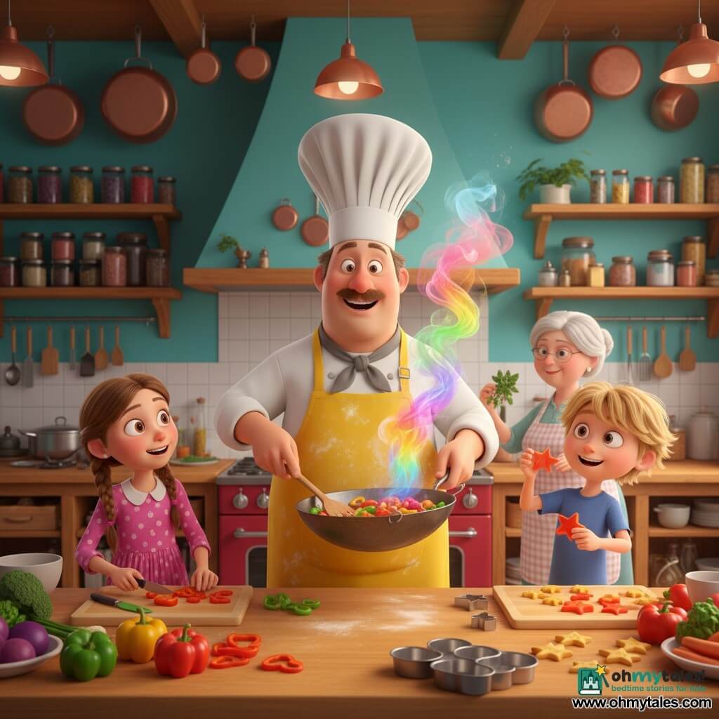 A cheerful Chef Benny, round-faced with a thin mustache and tall white toque, wearing a flour-streaked bright yellow apron, stirs a shiny wok with a large wooden spatula as colorful steam rises; to his left Lily, about 8, with brown braids and a pink polka-dot dress, cuts bell peppers into heart shapes, and to his right Max, about 8, with tousled blond hair and a blue T‑shirt, proudly shows star-shaped pepper cutouts, while Mrs. Baker, an adult with light gray hair in a bun and a checkered apron, sprinkles fresh herbs over the wok by a red oven; the large, bright kitchen has turquoise walls, wooden shelves with spice jars, hanging copper pans, a wooden worktop scattered with rainbow vegetables, a heart-shaped mold and golden star cookies; the scene is joyful and lively, centered on the chef with children at his sides and the baker behind, in a saturated, soft-shaded 3D animated film style with warm late-afternoon lighting, exaggerated friendly expressions and mid-shot framing.