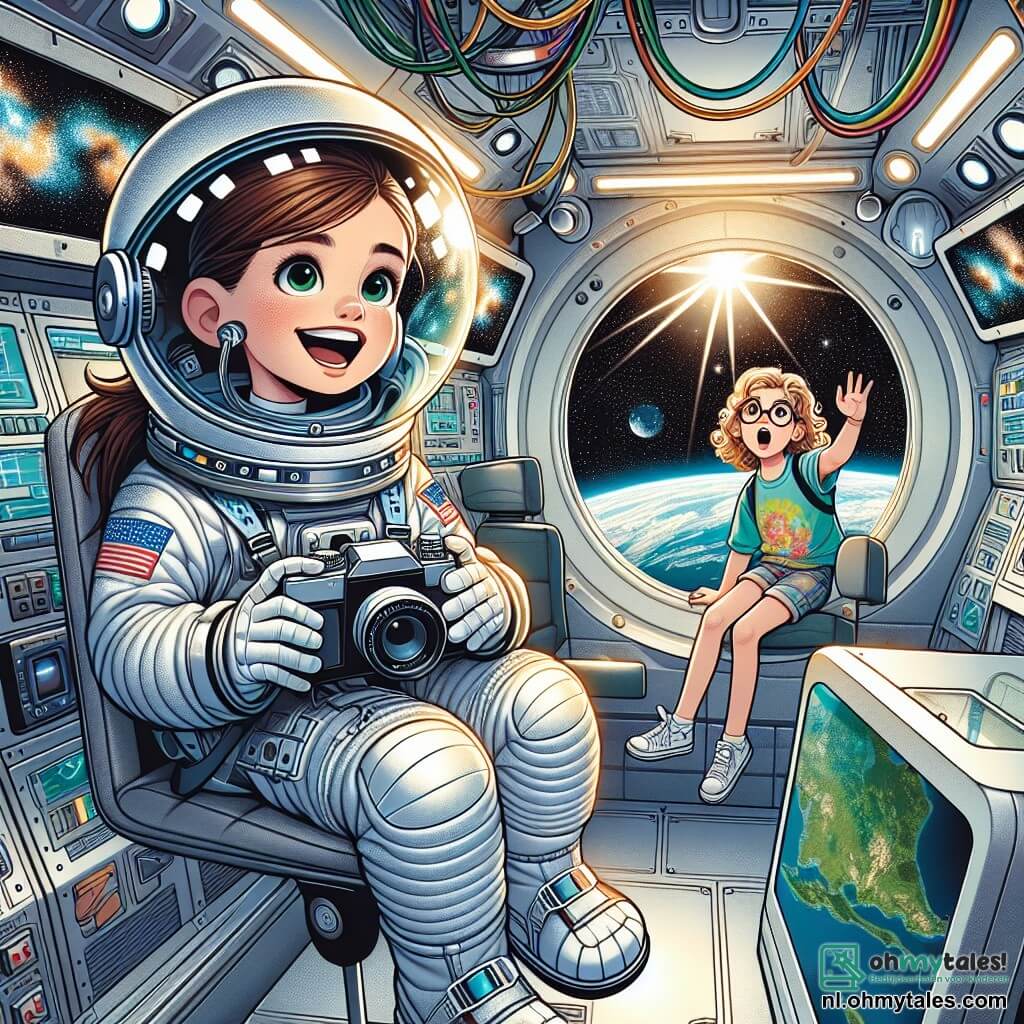 Op de voorgrond zweeft Luna, een jonge astronaut van ongeveer 12 jaar, in de cabine van een ruimteschip. Ze heeft lang bruin haar in een paardenstaart, sprankelende ogen vol nieuwsgierigheid en een stralende glimlach. Ze draagt een witte en zilveren ruimtepak met een doorzichtige helm die haar blije uitdrukking laat zien. Luna houdt een kleine camera vast en filmt haar avontuur in de ruimte. Naast haar kijkt Emma, een 11-jarig meisje met krullend blond haar en ronde bril, verwonderd door een raam. Ze draagt een kleurrijk t-shirt en een short en lijkt gefascineerd door het uitzicht op de aarde beneden hen. Ze zit op een stoel met haar handen op haar knieën en haar ogen wijd open. De illustratie speelt zich af in het interieur van een modern ruimteschip, met verlichte controlepanelen en schermen die beelden van de aarde en fonkelende sterren tonen. De muren zijn van glad metaal en gekleurde kabels hangen aan het plafond, wat een futuristische sfeer toevoegt. De hoofdscène toont Luna en Emma, beide verwonderd door de schoonheid van de ruimte, terwijl ze samen in de cabine zweven, een moment van vreugde en verkenning delen, klaar om buitengewone avonturen tussen de sterren te beleven.