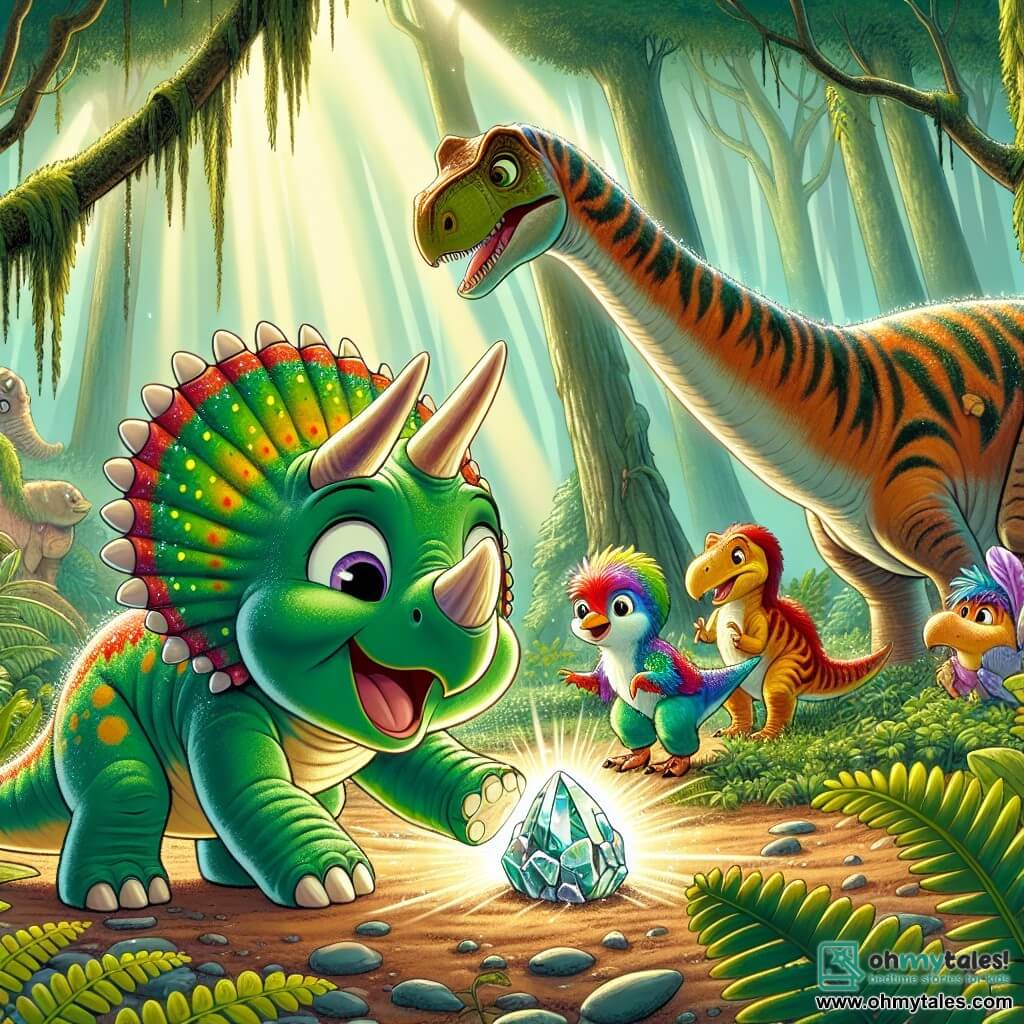 A young triceratops named Trixie, with bright green skin and colorful frills, expresses great curiosity and wonder as she discovers a shiny stone on the ground. Next to her, Spike, a stegosaurus with orange and green plates, looks at her with wide eyes, ready to help in this adventure. In the background, Bella, a majestic long-necked brachiosaurus, leans down to get a better look at the stone, while Rex, a small colorful-feathered velociraptor, jumps with excitement. The scene takes place in a lush jungle, with giant trees, green ferns, and sunlight filtering through the foliage, creating a magical atmosphere. Trixie and her friends are gathered around the shiny stone, fascinated by its mysterious glow and ready to uncover its secrets.