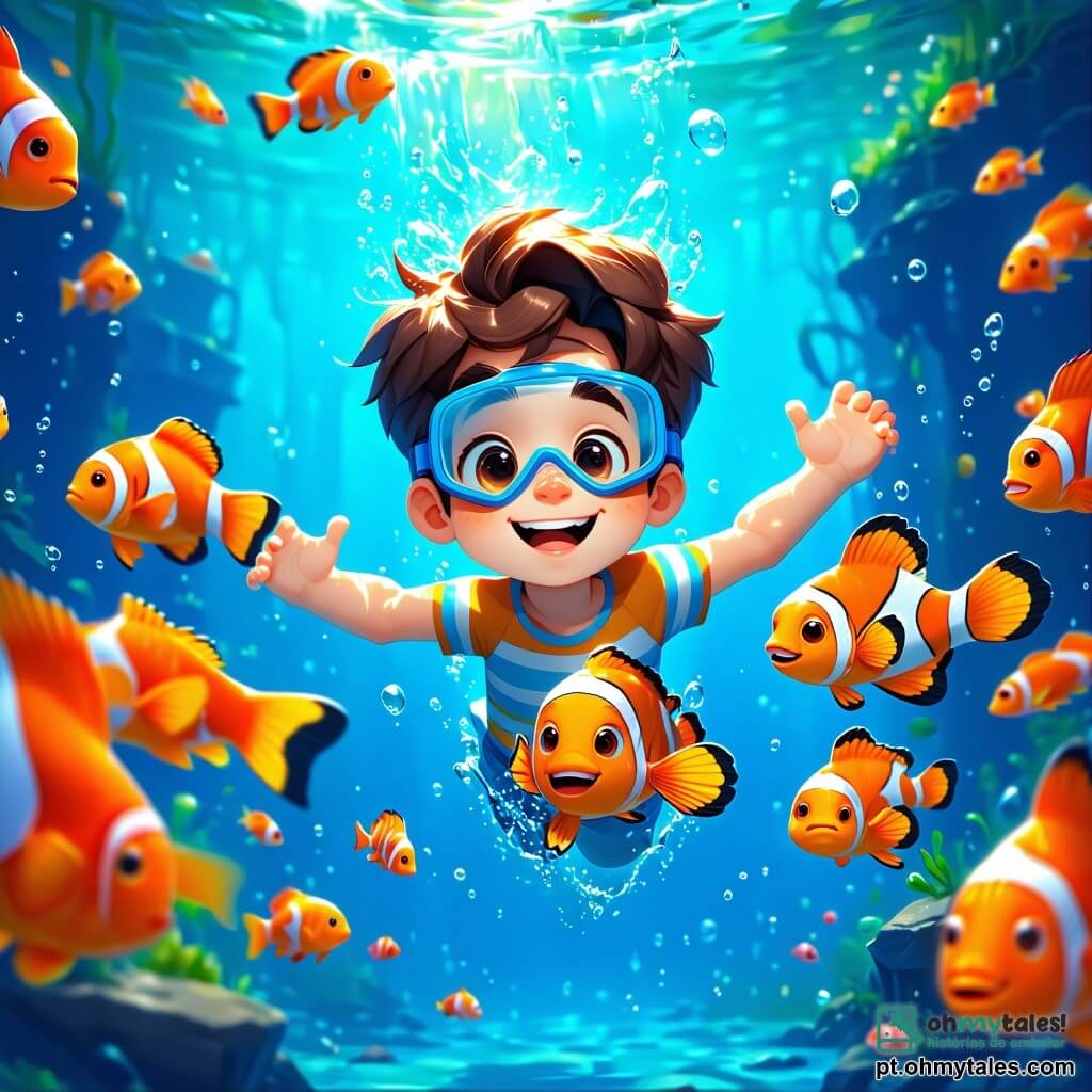 Um garoto de 8 anos, Tomás, com cabelos castanhos bagunçados e olhos brilhantes de curiosidade, nada alegremente em águas cristalinas, cercado por peixes coloridos. Ele usa um maiô listrado e uma máscara de mergulho, seu rosto radiante de excitação e felicidade. Ao seu lado, um peixe-palhaço colorido, com óculos engraçados, dança ao seu redor, adicionando um toque de magia à cena. O local é um lindo recife de corais, com corais multicoloridos em forma de flores, algas ondulantes e bolhas de ar ao redor. A luz do sol filtra através da água, criando reflexos cintilantes na areia dourada abaixo. Tomás descobre um passagem secreta entre os corais, com um olhar maravilhado e determinado, pronto para mergulhar no desconhecido, enquanto o peixe-palhaço o encoraja com um grande sorriso.