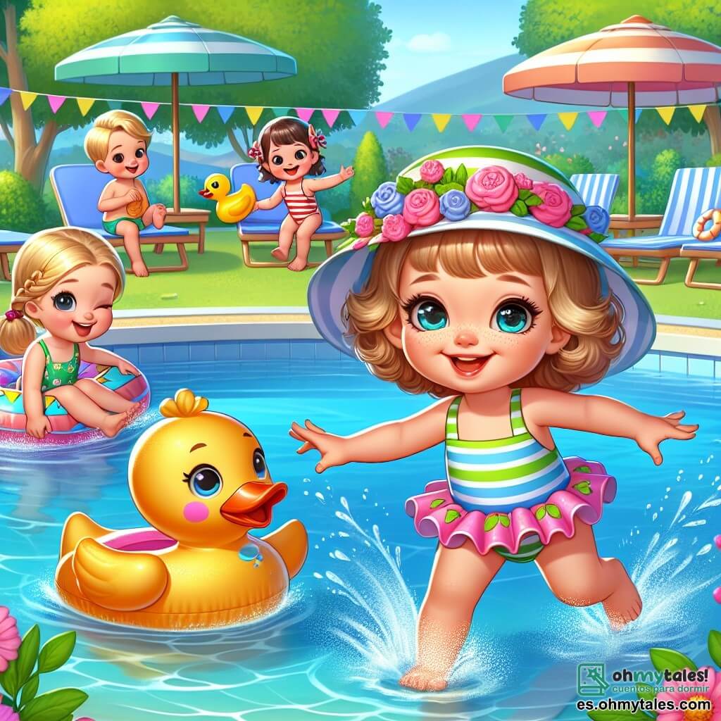 Una niña de 2 años, con grandes ojos brillantes y cabello rizado, lleva un traje de baño colorido y un sombrero de sol. Ríe alegremente mientras salta en una gran piscina, salpicando agua a su alrededor. Junto a ella, un niño de 3 años llamado Pablo, con cabello rubio y una camisa a rayas, sonríe sosteniendo una boya en forma de pato, listo para zambullirse. Un poco más lejos, una niña de 2 años llamada Ana, con trenzas y un traje de baño de flores, construye un castillo de arena en el borde de la piscina, concentrada y sonriente. El lugar es un campamento de verano soleado, rodeado de árboles verdes y flores coloridas, con sombrillas y tumbonas alrededor de la piscina. La situación principal muestra a los niños jugando juntos en el agua, salpicando y riendo, mientras un grupo de amigos se agrupa alrededor de ellos, creando un ambiente alegre y festivo.