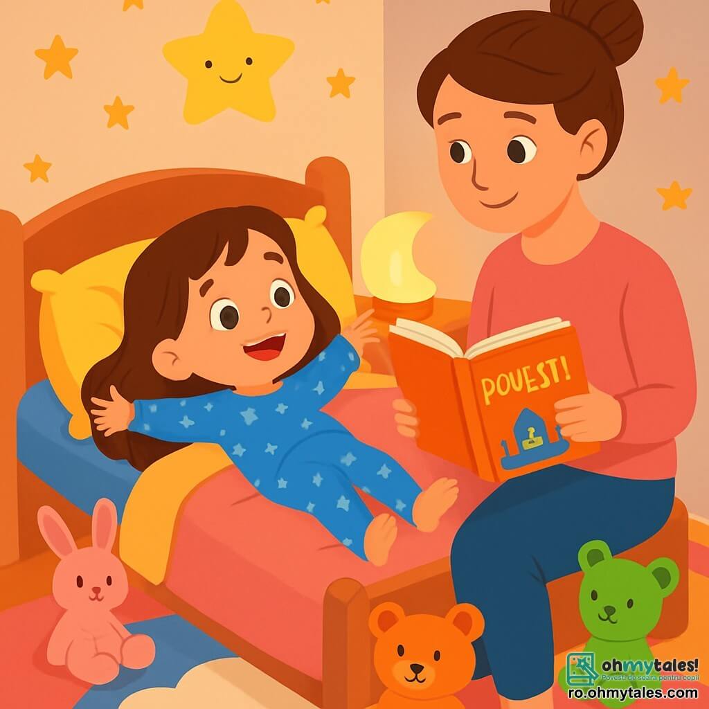 O fetiță de 4 ani, cu părul lung și brunet și ochi strălucitori de curiozitate, stă întinsă în patul ei confortabil, cu un zâmbet serafic pe față. Poartă un pijama albastru cu stele albe, iar brațele ei sunt întinse ca și cum ar pluti într-un ocean de vise. Lângă ea, mama ei, o femeie blândă de aproximativ 30 de ani, cu părul castaniu prins în coc, stă pe marginea patului citindu-i o poveste. Poartă un pulover roz și are o privire blândă și liniștitoare, creând o atmosferă caldă și reconfortantă. Camera este decorată cu pereți pastel, cu stele aurii lipite de tavan și o lumină moale emanată de o lampă în formă de lună. Jucării de pluș colorate sunt împrăștiate în jurul patului, iar un covor pufos în formă de nor este așezat pe podea. În această scenă liniștită, fetița se pregătește să adoarmă, legănată de vocea blândă a mamei, în timp ce o stea strălucitoare pare să vegheze asupra lor din tavan, adăugând o notă de magie acestui moment de tandrețe și serenitate.