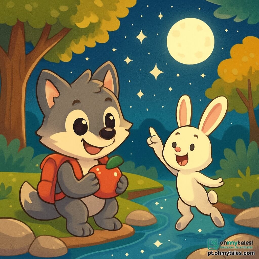 Um pequeno lobo chamado Lucas, com olhos brilhantes e pelagem suave e sedosa, está alegremente à beira de um riacho cintilante, com um largo sorriso no rosto. Ele usa uma mochilinha vermelha e segura uma maçã suculenta com suas patas dianteiras, pronto para dar uma mordida. Ao seu lado, seu amigo Max, um coelhinho travesso de grandes orelhas e pelagem branca, salta com entusiasmo, seus olhos brilhando de felicidade. Ele aponta para as estrelas que começam a brilhar no céu noturno, equilibrando-se sobre as patas traseiras. O local é um lindo riacho cercado por pedras brilhantes, com árvores majestosas de folhas verdes e douradas, enquanto a lua ilumina suavemente a cena, criando uma atmosfera mágica. A situação principal mostra Lucas e Max, maravilhados, observando o reflexo das estrelas na água, compartilhando um momento de amizade e descoberta sob o céu estrelado.