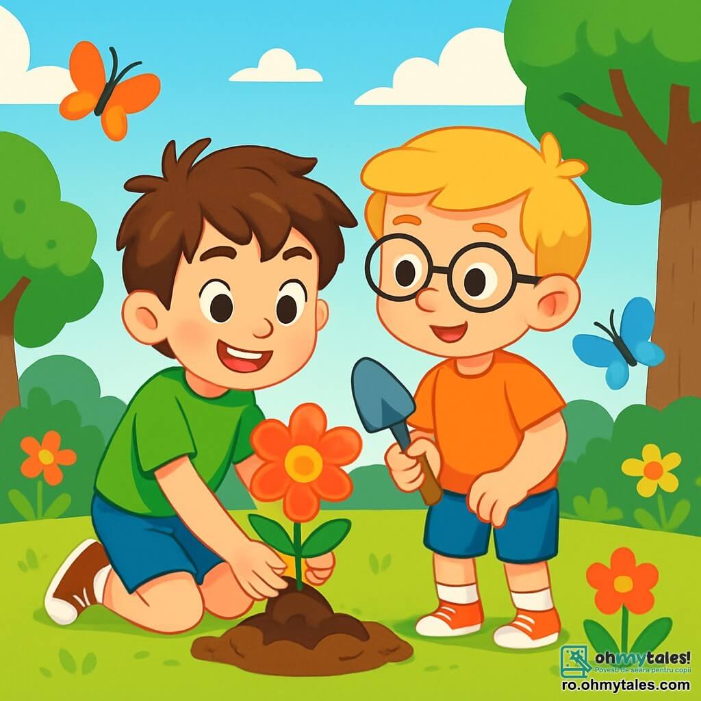 Un băiat de 10 ani, Andrei, cu părul brun dezordonat și ochii strălucitori de curiozitate, zâmbește vesel în timp ce plantează o floare colorată în pământ. Poartă un tricou verde aprins și o pereche de pantaloni scurți albaștri, iar obrajii îi sunt ușor rumeniți de emoție. Lângă el, prietenul său Luca, tot de 10 ani, cu părul blond și ochelari rotunzi, îl încurajează ținând o mică lopată, pregătit să-l ajute. Se află într-un parc verde, înconjurați de copaci măreți și flori strălucitoare, sub un cer albastru deschis presărat cu nori albi pufoși. Scena îi arată pe cei doi băieți în plină acțiune, zâmbind și angajați în misiunea lor de plantare, cu fluturi colorați zburând în jurul lor, simbolizând frumusețea naturii pe care se străduiesc să o protejeze.
