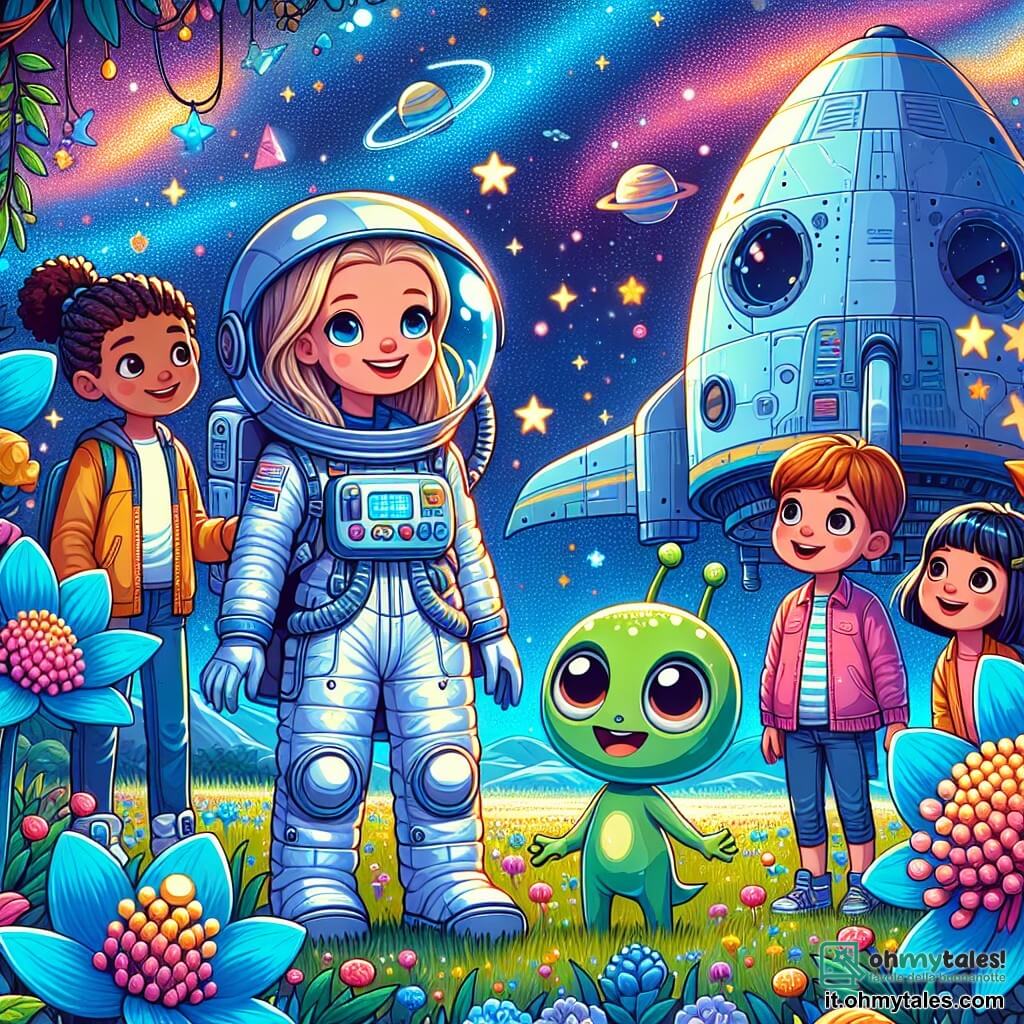 Lara, una donna pilota spaziale con lunghi capelli biondi, indossa una tuta spaziale brillante e sorride con meraviglia mentre si trova davanti a una grande navetta spaziale. I suoi occhi brillano di gioia ed emozione. Accanto a lei, tre bambini, una ragazza con capelli castani di 8 anni, un ragazzo con capelli rossi di 7 anni e un'altra ragazza con capelli neri di 6 anni, guardano con fascinazione un piccolo alieno verde, con grandi occhi rotondi e un sorriso amichevole. Sono tutti riuniti attorno a un magnifico campo di fiori giganti e blu su un pianeta lontano, con stelle scintillanti e una nebulosa colorata sullo sfondo. La scena principale mostra Lara e i bambini che giocano felicemente con l'alieno, scoprendo insieme le meraviglie di questo luogo magico e intergalattico.