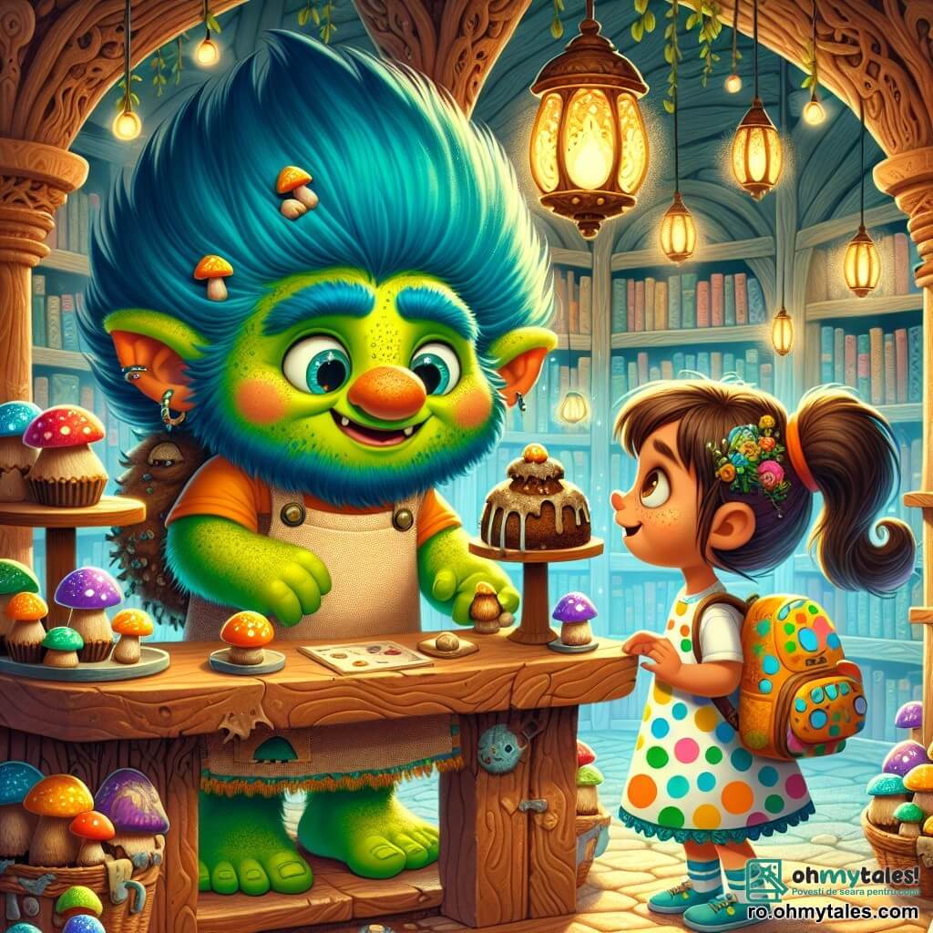 Un troll drăguț cu piele verde și păr zbârlit de culoare albastră strălucitoare, cu ochi mari și rotunzi plini de curiozitate, stă în spatele unui tejghea din lemn, zâmbind entuziast. Poartă un sort din pânză, decorat cu modele de ciuperci, și ține o farfurie cu prăjituri cu noroi, pregătit să le vândă. Lângă el, o fetiță de 7 ani, cu păr brunet și ochi în formă de alune, privește cu uimire dulciurile. Poartă o rochie cu buline colorate și un rucsac în formă de nor, părând nerăbdătoare să guste o prăjitură. Decorul este o librărie magică, cu rafturi din lemn sculptat, pline de cărți cu coperți strălucitoare. Lanternele plutesc pe tavan, proiectând o lumină blândă și caldă, în timp ce cărțile zburătoare trec pe deasupra capetelor personajelor. Situația principală arată trollul și fetița în plină discuție, schimbând idei despre un pandantiv misterios, înconjurați de cărți care șoptesc secrete și de creaturi fantastice care îi observă cu curiozitate.