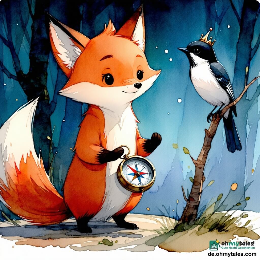 Ein roter Fuchs (Hauptfigur) steht in der Mitte, kupferglänzendes Fell, sichelförmige lebhafte Augen, entschlossener und staunender Ausdruck, hält zwischen den Pfoten einen kleinen Metallkompass mit einer Nadel aus Sternenlicht; eine schwarz-weiße Elster (Nebenfigur) sitzt links auf einem Brombeerstrauch, glänzendes Gefieder, kleine Federkrone, schalkhafter Blick, leicht erhöht wie auf einem Horst; im Hintergrund ein alter Dachs bei einer Stumpfe, gedrungene Silhouette, eine Pfote auf einem geschlossenen Buch, wohlwollendes, weises Gesicht; Schauplatz: eine schimmernde Waldlichtung mit taubedecktem Gras, tiefgrünen Farnen, moosbedeckten Baumstämmen und drei sichtbaren Pfaden — eine perlmuttfarbene Holzbrücke über einen nebligen Abgrund, ein Tunnel aus hängenden Weidenzweigen und eine Steintreppe gesäumt von blauen Glockenblumen; die Szene ist in goldenes, durch Blätter gefiltertes Licht getaucht, Nebel als verschwommene Aquarelltöne, feine Details für Fell- und Kompassstruktur; Hauptsituation: Moment des Zögerns und der Entscheidung am Wegkreuz, der Fuchs konsultiert den magischen Kompass, während die Elster ihn ermutigt, Atmosphäre von Abenteuer und Geheimnis.