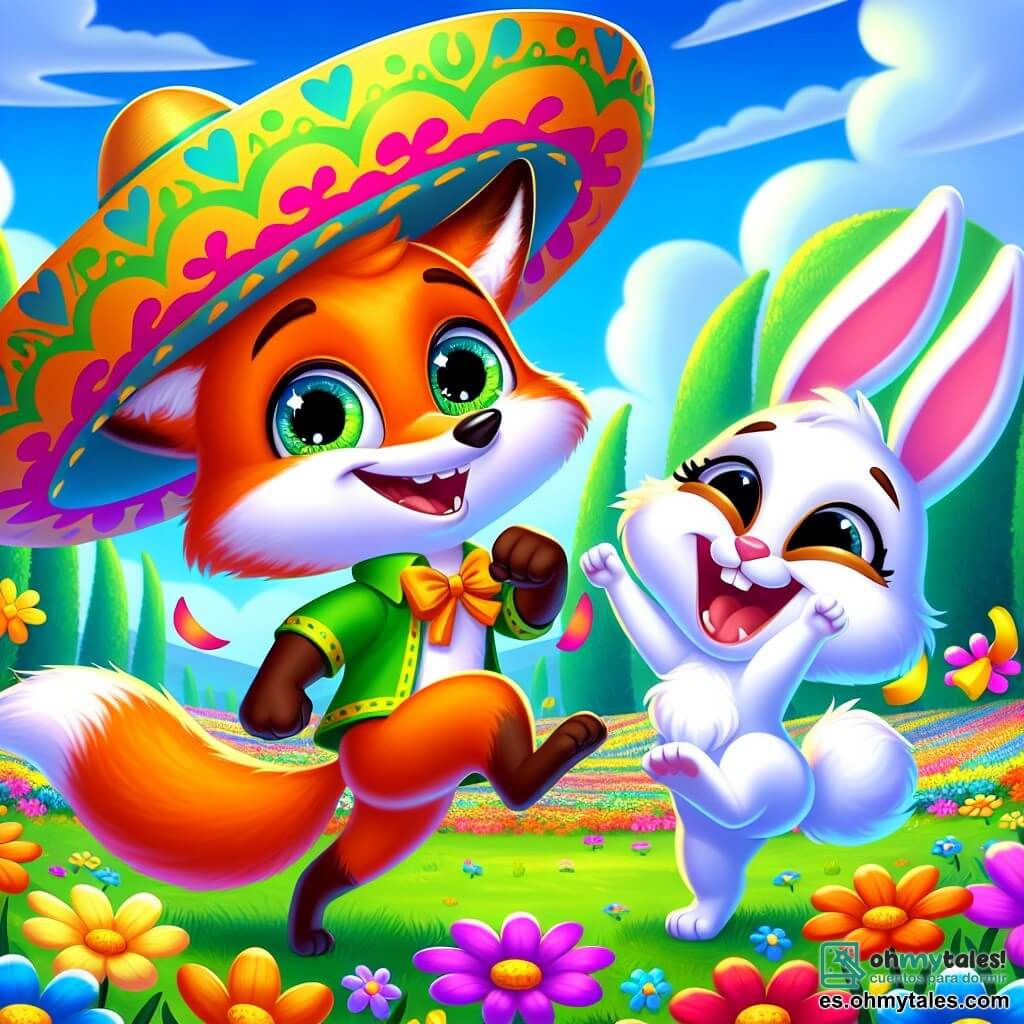 Zorrito, un zorro astuto con ojos brillantes y pelaje naranja, lleva un curioso sombrero hecho de un plátano en la cabeza. Sonríe ampliamente, mostrando su entusiasmo y determinación, mientras baila alegremente en un campo de flores coloridas. Junto a él, Conejito, un pequeño conejo de grandes orejas blancas y pelaje suave, ríe a carcajadas, con ojos llenos de alegría. Salta con energía, listo para animar a Zorrito en su desafío. El lugar es un hermoso campo verde, salpicado de flores multicolores bajo un cielo azul brillante, con algunos árboles majestuosos al fondo. La escena principal muestra a Zorrito bailando con entusiasmo, tratando de resolver el último desafío del tesoro, mientras Conejito lo anima con risas y aplausos, creando un ambiente alegre y lleno de energía.