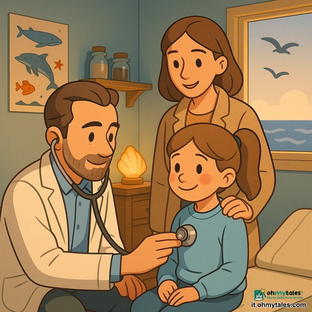 Medico uomo di circa 40 anni, volto dolce, barba corta brizzolata, capelli castani pettinati all'indietro, espressione serena e benevola, tiene uno stetoscopio metallico contro il petto della paziente seduta su una sedia bassa; bambina Lina di 7 anni, coda di cavallo castana, sweat azzurro, naso rosato, sguardo timido ma sorridente, seduta sul tavolo per l'esame; madre 30-35 anni, pelle chiara, cappotto beige, sorridente e rassicurante, in piedi dietro con la mano sulla spalla della figlia; studio piccolo vicino al mare, pareti azzurro pallido, poster di animali marini, mensola in legno con barattoli, lampada a forma di conchiglia che diffonde luce calda, finestra con silhouette di gabbiani e onde; atmosfera calma e sicura, luce soffusa, colori caldi e palette pastello, stile cartoon 3D cel-shading con contorni netti e ombre morbide.