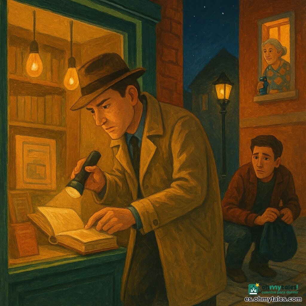 Un detective de unos 40 años, rostro serio y amable, gabardina beige ligeramente arrugada y sombrero fedora, sostiene una pequeña linterna que ilumina un libro en la vitrina; inclinado y concentrado con expresión pensativa y dulce; en un tercer piso, una mujer mayor de unos 70 años con cabello gris recogido en moño y vestido de flores observa desde la ventana sosteniendo un termo; a la derecha del detective, un joven de unos 20 años agachado junto a un contenedor sostiene una bolsa de terciopelo oscuro, preocupado pero tierno; la librería en primer plano tiene vitrina de madera pintada de verde, pósteres amarillentos y estantes visibles, olor imaginado a papel y té, lámparas de filamento y adoquines húmedos; escena nocturna en una plaza tranquila con faroles cálidos, largas sombras y cielo estrellado, ambiente tierno y atento; situación: descubrimiento apacible de un libro desaparecido y momento de escucha entre vecinos; colores gouache en tonos cálidos (ocre, verde botella, ladrillo) con toques de azul noche y reflejos amarillos de la linterna.