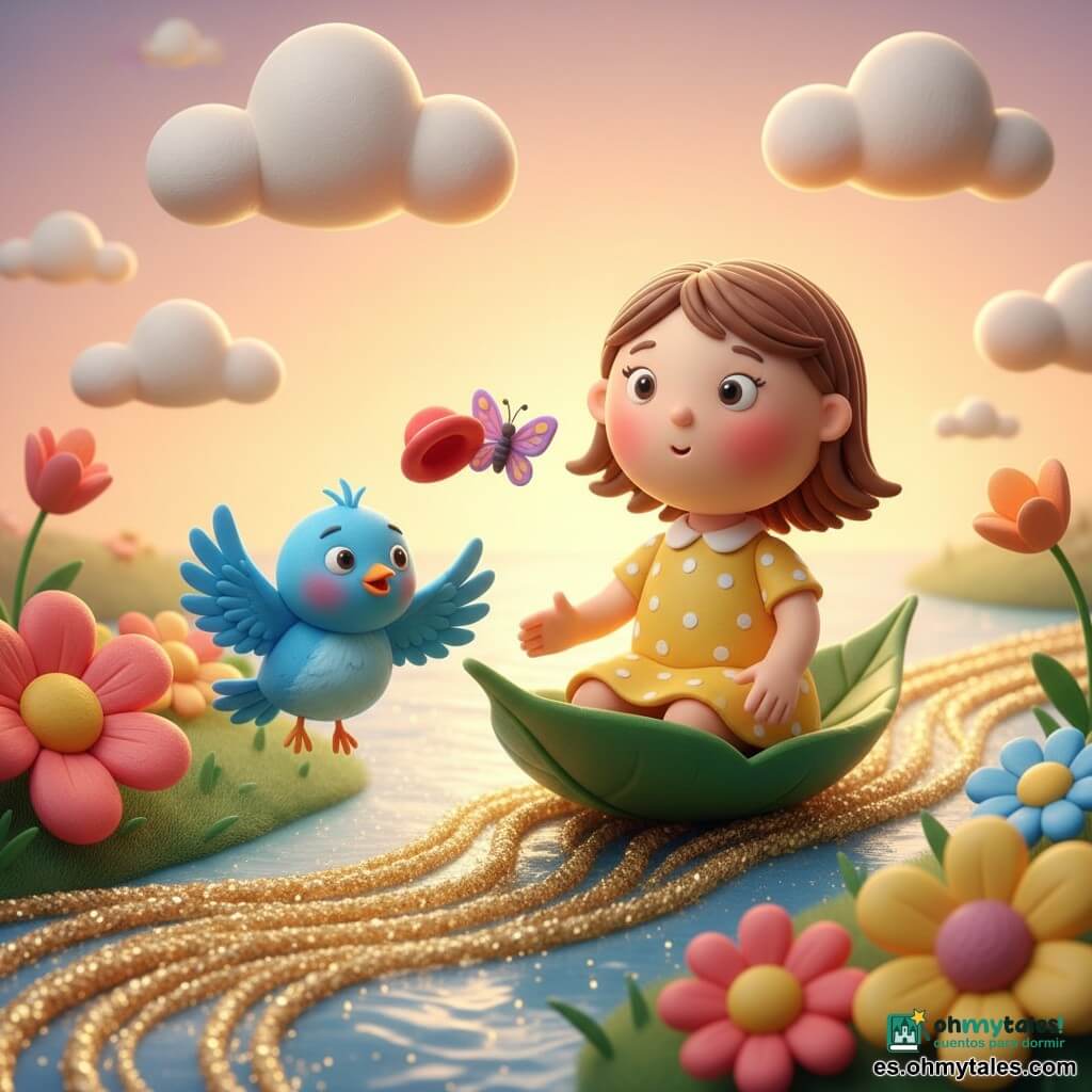 Una niña de 2 años, rostro redondo y mejillas sonrosadas, sonrisa asombrada y cabello castaño corto, viste un vestido amarillo con lunares blancos y está sentada en un pequeño barco hecho de hoja que flota; un pajarito azul brillante, pequeño y redondeado, vuela delante del barco como si la guiara, con las alas abiertas; una mariposa pequeña de alas violetas sostiene un sombrero rojo entre sus patas y vuela justo sobre el barco; el barco se desliza sobre un "río" de hilos de oro centelleantes que brillan como sol trenzado, orillas cubiertas de grandes flores coloridas de pétalos cerosos y nubes suaves en forma de cojines bajas en el cielo, luz cálida de atardecer, sombras suaves, paleta de tonos cálidos y pasteles, atmósfera de aventura calma y mágica, escena simple y legible para una niña de dos años.