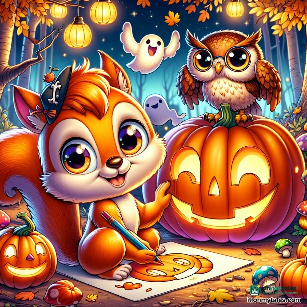 Un giovane scoiattolo dai peli arancioni, con grandi occhi curiosi e un sorriso gioioso, sta disegnando una grande zucca sorridente su un foglio di carta. Accanto a lui, un gufo dalle piume marroni e occhiali rotondi, con un'espressione maliziosa e le ali leggermente spiegate, osserva attentamente il disegno annuendo. Un riccio dai pungiglioni morbidi e dal volto amichevole, con un piccolo cappello da pirata, è seduto su una zucca, ridendo di cuore. La scena si svolge in una radura incantata, illuminata dalla dolce luce della luna, circondata da alberi con foglie dorate e funghi colorati. Lampade a forma di fantasmi fluttuano nell'aria, creando un'atmosfera festosa e misteriosa. Lo scoiattolo, circondato dai suoi amici, sta creando una zucca gioiosa per il concorso di Halloween, mentre le risate e le voci risuonano nella notte stellata.
