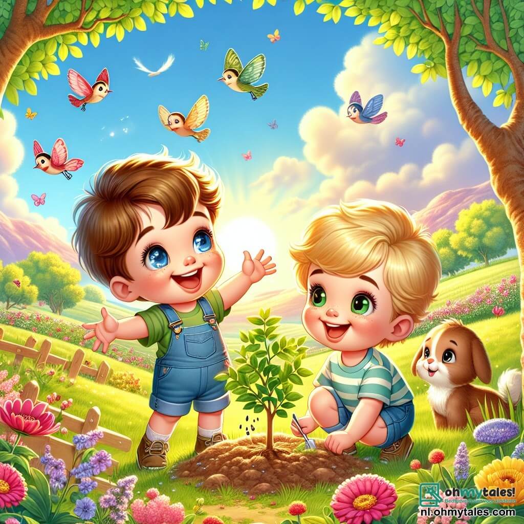 Twee jongens, Finn en Sam, ongeveer 6 jaar oud, spelen vrolijk in een groene wei. Finn, met blond haar en sprankelende ogen, wijst naar de lucht en roept "Kijk, vogels!". Sam, met bruin haar en een stralende glimlach, kijkt verwonderd naar de vogels. Ze staan bij een klein bloeiende boom, omringd door kleurrijke bloemen in roze, geel en rood. De plek is een prachtige lentweide, verlicht door gouden zonlicht, met vlinders die rond de bloemen fladderen. Op de achtergrond is een heldere blauwe lucht met donzige witte wolken. De hoofdscène toont Finn en Sam, verwonderd door de natuur, terwijl ze bloemenzaadjes in de grond planten, met hun mama die hen helpt door de kleine plantjes water te geven. Een nieuwsgierig konijntje kijkt van een afstand toe, wat een vleugje magie aan deze lentescène toevoegt.