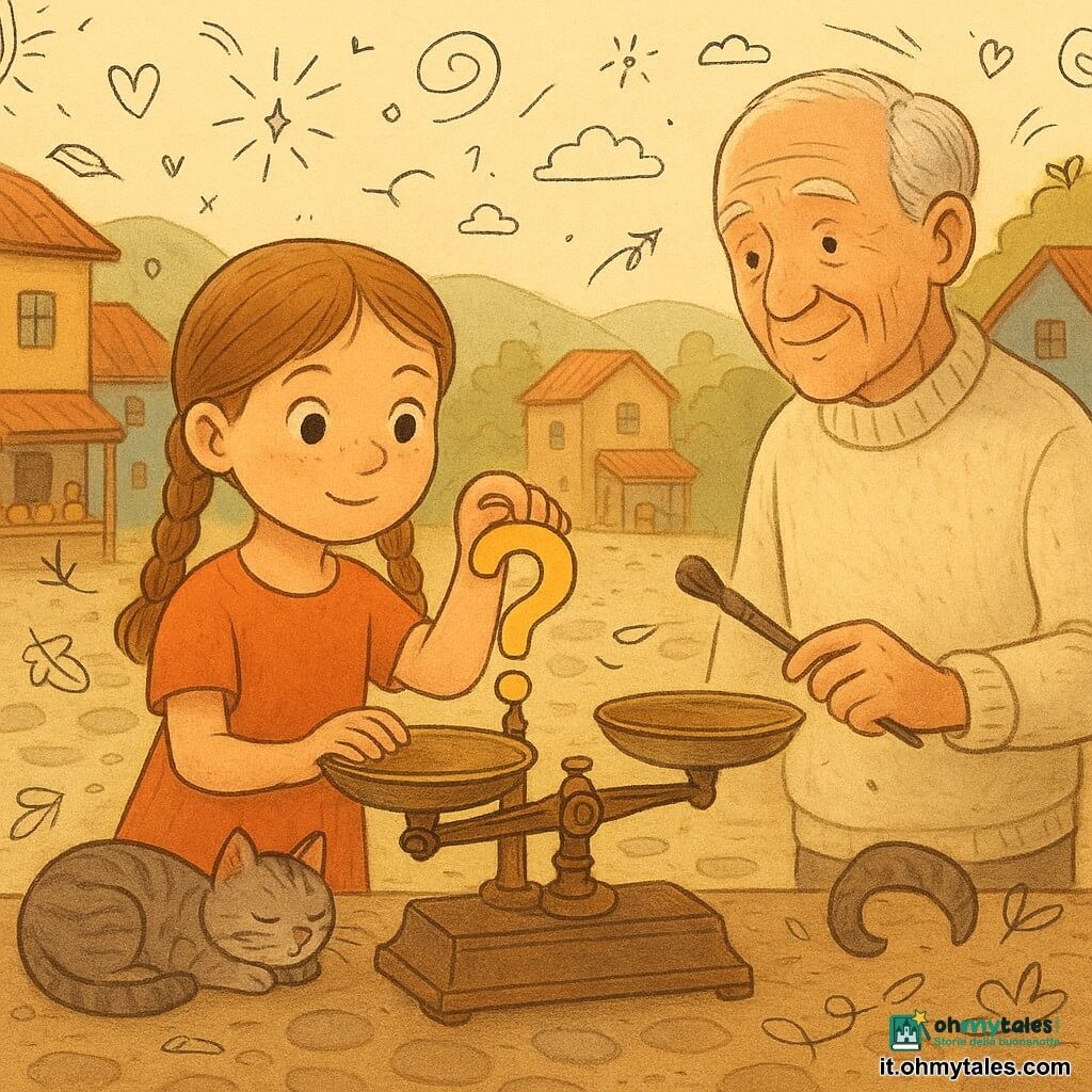 Una bambina di 6 anni, Lina, viso rotondo con lentiggini, capelli castano chiaro in due trecce, sguardo curioso e sereno, tiene delicatamente un piccolo punto interrogativo di carta dorata che posa su un piatto di una grande bilancia in ottone; accanto, un vecchio guardiano di circa 70 anni, pelle rugosa, capelli bianchi pettinati all'indietro e maglione di lana crema, spazza lievemente la superficie con un piccolo pennello guardando Lina con benevolenza a una decina di passi; un gatto tigrato grigio dormicchia sul bordo di pietra vicino ai piedi di Lina con la coda arrotolata; la piazza del villaggio è lastricata con case basse in legno ocra e blu e dolci colline sullo sfondo, al centro domina la bilancia in ottone patinato con pannelli di legno intagliati e qualche cassette di mercato con vasetti e punti esclamativi dipinti; scena al crepuscolo caldo, luce dorata, ombre lunghe, foglie che volteggiano, atmosfera calma, poetica e lievemente magica, focalizzata sul gesto preciso di Lina che posa il punto interrogativo sulla bilancia.