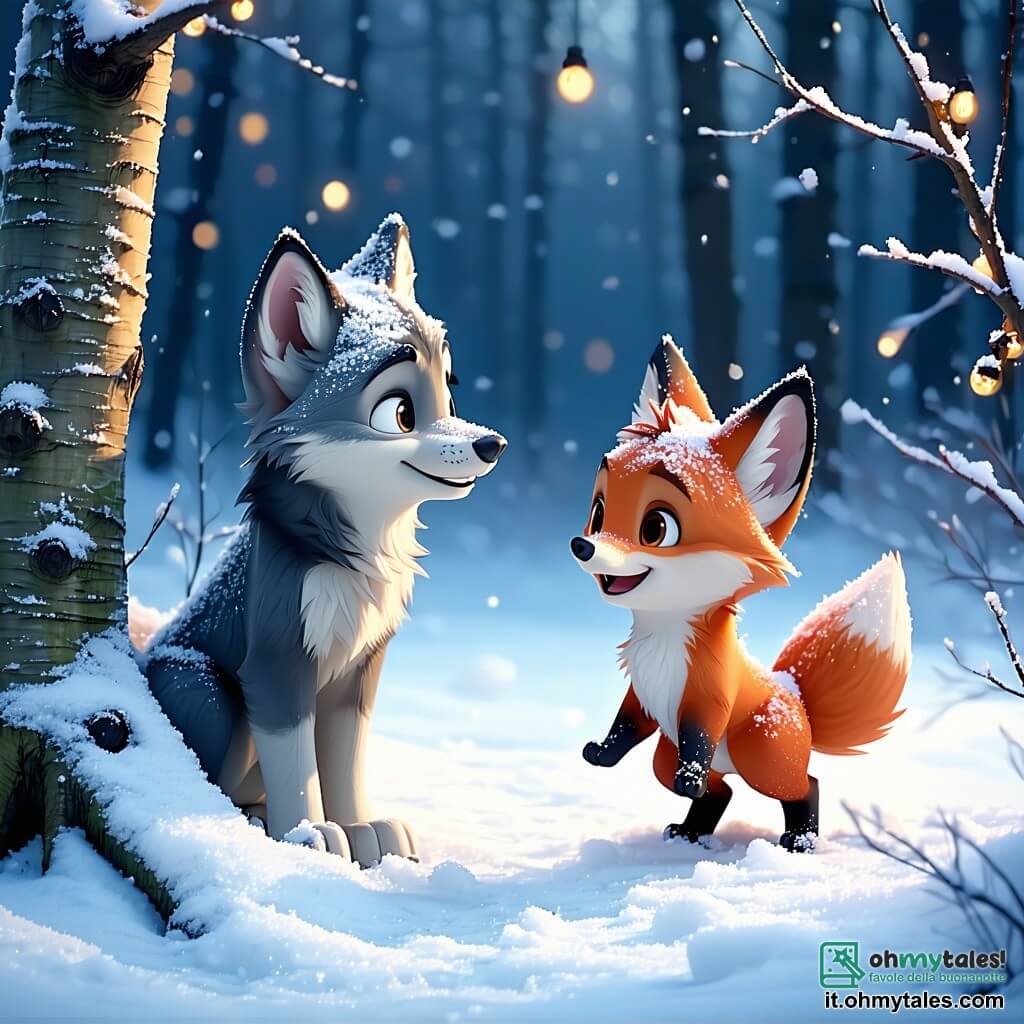 In una foresta incantata, un piccolo lupo di nome Lupoletto, con il pelo grigio e occhi scintillanti di curiosità, si trova al centro della scena, sorridendo meravigliato mentre ammira un magnifico paesaggio innevato. Accanto a lui, la volpe Furbetta, una piccola volpe dal pelo rosso brillante e occhi maliziosi, salta gioiosamente nella neve, lasciando impronte dietro di sé. Più lontano, l'orso Bruno, grande e robusto con il pelo marrone e uno sguardo amichevole, si china per raccogliere bacche colorate, mentre il cervo Saltello, snodato ed elegante con maestosi palchi, osserva il cielo, gli occhi brillanti di eccitazione. Lo scenario è una foresta magica, dove grandi alberi sono coperti da un spesso manto di neve scintillante, e il sole brilla attraverso i rami, creando riflessi di luce. Fiocchi di neve cadono dolcemente, aggiungendo un tocco fiabesco all'insieme. La situazione principale mostra Lupoletto e i suoi amici intenti a creare un magnifico quadro nella neve, utilizzando bacche colorate per dipingere un paesaggio invernale, pieni di gioia e amicizia, mentre celebrano la bellezza dell'inverno.