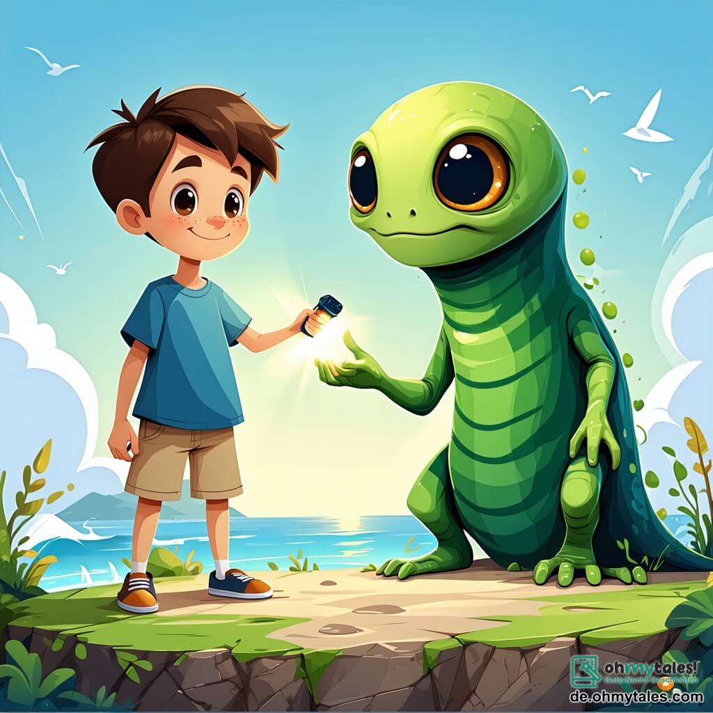Ein 10-jähriger Junge namens Max steht am Rand einer kleinen geheimnisvollen Insel, mit leuchtenden Augen der Neugier und einem breiten Lächeln im Gesicht. Er hat zerzauste braune Haare, trägt ein blaues T-Shirt und beige Shorts und hält eine Taschenlampe in einer Hand, während die andere Hand auf ein großes, grünes, schleimiges, extraterrestrisches Wesen namens Zog zeigt, das auf einem Felsen sitzt und vor Freude und Aufregung strahlt. Zog hat große leuchtende Augen und einen pelzigen Körper, bekleidet mit einem bunten Schal, der ihm ein komisches Aussehen verleiht. Die Szenerie ist eine verzauberte Insel, die im Mondlicht erstrahlt, mit Bäumen mit glitzernden Blättern und leuchtenden Steinen, die den Boden erhellen. Im Hintergrund sieht man einen ruhigen Ozean, dessen Wellen die Sterne des Nachthimmels widerspiegeln. Die zentrale Situation zeigt Max und Zog, die einen großen, leuchtenden und geheimnisvollen Kristall im Zentrum der Insel entdecken, der ihre Freundschaft und das bevorstehende Abenteuer symbolisiert. Max nähert sich mit bewunderndem Blick dem Kristall, während Zog um ihn herumtanzt, bereit, sein intergalaktisches Geheimnis zu teilen.