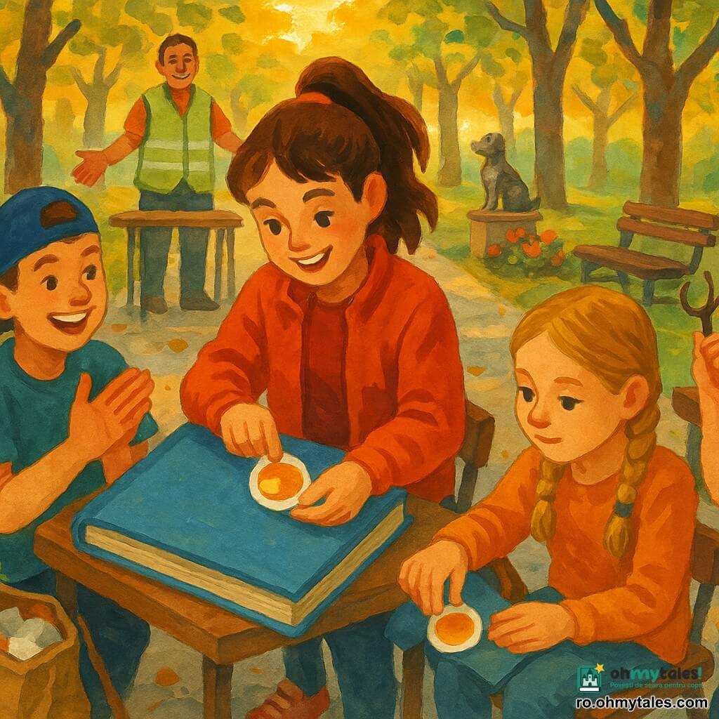 O fată de 12 ani, entuziastă și ștrengăriță, păr brun prins în coadă, jachetă roșie ușor șifonată, lipește un autocolant rotund și strălucitor într-un caiet mare cu copertă albastră; un băiat de circa 11 ani, Darius, păr scurt, șapcă albastră purtată pe dos, zâmbet pofticios, stă în stânga; o fată de circa 11 ani, Ilinca, păr blond împletit, serioasă dar mulțumită, ajustează autocolantul pe o banchetă din lemn în dreapta; un băiat de circa 11 ani, Bibi, păr zburlit, tricou galben, râde ținând un mic clește, lângă o mare sacoșă de pânză plină cu hârtii și ambalaje; un adult, domnul Gogoșar, ~40 de ani, vestă reflectorizantă verde pal, zâmbind, întinde mâna de la o masă mică în fundal; o statuetă mică de câine din metal pe un soclu ruginit lângă flori servește drept punct de întâlnire; locul: alee cu tei, bănci de lemn patinate, dale de trotuar ușor crăpate, iarbă scurtă și câteva frunze aurii, lumină blândă de după-amiază; situația: patru prieteni reuniți, râzând și cooperând, lipește mândri autocolantul „Echipa de Cooperare” în caiet, sacoșa „monștri de firimituri” la picioare, atmosferă veselă și caldă, tușe de guașă și texturi delicate de hârtie.