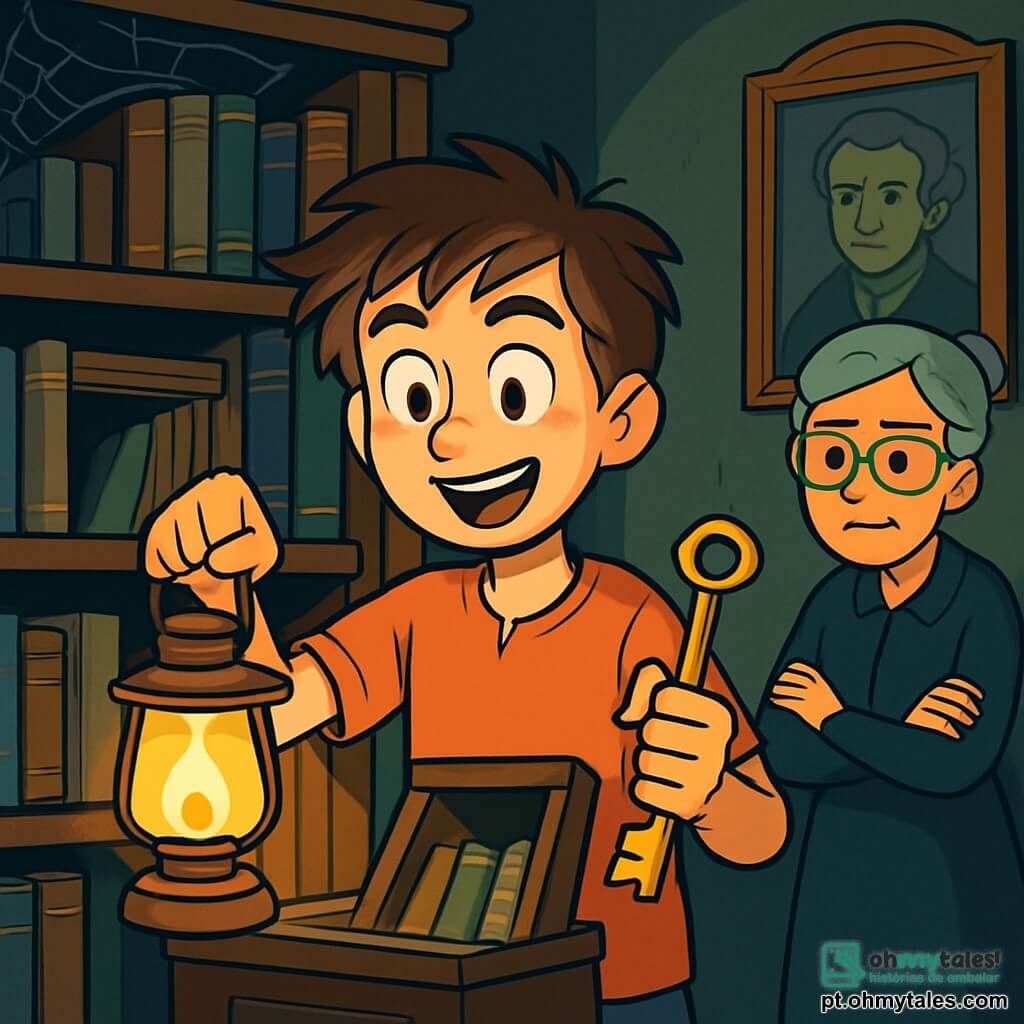 Um menino de onze anos, chamado Rafael, com cabelos castanhos bagunçados e olhos brilhantes de curiosidade, está no centro da cena, segurando uma lanterna em uma mão e uma chave dourada na outra. Seu rosto expressa uma mistura de excitação e intriga, com as sobrancelhas franzidas e um leve sorriso que revela seu espírito de detetive. Ao lado dele, uma mulher de meia-idade, Dona Anabela, com cabelos grisalhos bem arrumados e óculos no nariz, observa Rafael com uma expressão preocupada. Ela usa um vestido escuro e se mantém um pouco afastada, com os braços cruzados, como se quisesse protegê-lo dos mistérios da casa. Ao fundo, a velha biblioteca da Casa das Sombras é visível, com prateleiras de madeira escura cheias de livros empoeirados, teias de aranha nos cantos e um grande retrato antigo na parede, representando um ancestral da família. A luz da lanterna ilumina fracamente as páginas amareladas dos livros, criando uma atmosfera misteriosa. Rafael descobre um compartimento secreto na biblioteca, com uma expressão de surpresa e excitação, prestes a revelar um antigo segredo de família.