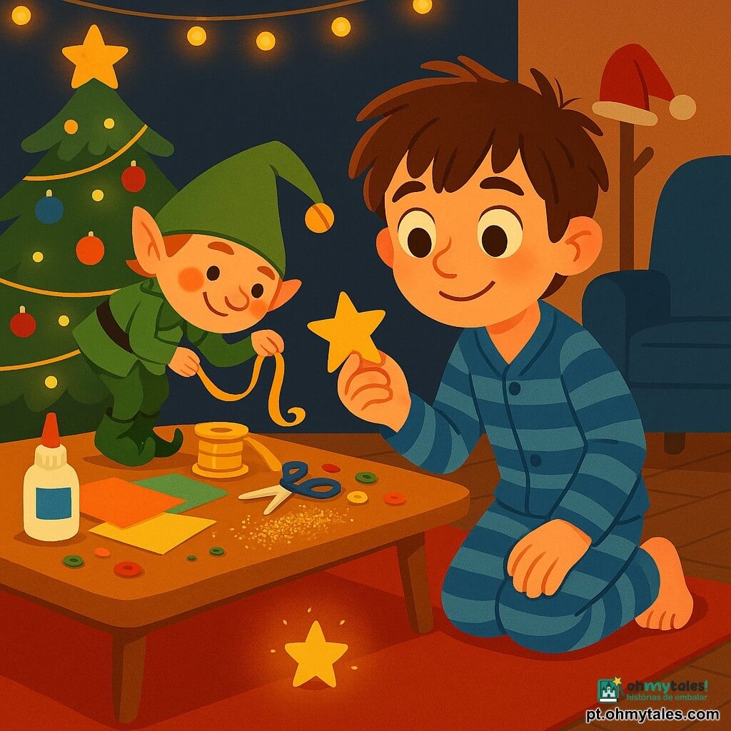 Um menino de 10 anos, Tomás, cabelos castanhos despenteados, olhos grandes e brilhantes, pijama listrado azul, agachado junto a uma mesa baixa segurando uma pequena estrela de papel e sorrindo timidamente; um duende de Natal travesso de pele clara, bochechas rosadas, chapéu pontudo verde e botas com guizos, empoleirado na mesa fazendo uma reverência e segurando um rolo de fita dourada; um sino minúsculo brilhando no tapete perto do menino; sala à noite iluminada por luzes quentes, grande árvore decorada com bolas coloridas e estrela artesanal, tapete vermelho e cabide com gorro vermelho ao fundo; sobre a mesa papéis coloridos, botões, tesoura, cola, fita dourada e um pote pequeno de purpurina; cena: oficina de decoração improvisada com o menino e o duende criando uma estrela de papel, clima de cumplicidade e magia leve; estilo gráfico: traços nítidos, cores saturadas, formas simples e atmosfera calorosa e lúdica.