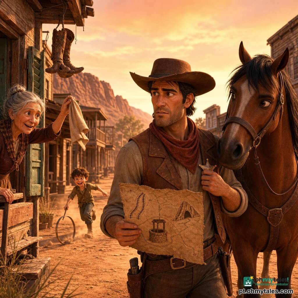 Um cowboy de cerca de 35 anos, visage bronzeado, ombros largos, cabelo preto curto sob um chapéu de feltro marrom, olhar determinado e apreensivo, segura um mapa velho e amarrotado na mão direita e aperta uma estrela de xerife de metal no bolso; está junto à sua égua Castanha, pronta e bronzeada. À esquerda, Dona Berta, cerca de 60 anos, cabelo grisalho preso em coque, rosto enrugado mas acolhedor, acena com um pano na frente de uma pequena loja de madeira, sorrindo apressada e olhando para o cowboy. Ao fundo, um menino de uns 10 anos, cabelo desgrenhado, brinca com um anel metálico e corre pela rua poeirenta, mostrando a atividade do vilarejo. A cena passa na rua principal de um pequeno povoado do Velho Oeste: casas de madeira com persianas desbotadas, um saloon com varanda de madeira, botas penduradas e um poste de sinalização, poeira vermelha soprada pelo vento. Situação principal: o cowboy hesita diante de três caminhos indicados no mapa (trilhos de trem, um poço circular, uma montanha com uma caverna); a luz do pôr do sol doura a cena, criando uma atmosfera de tensão suave e aventura iminente, cores quentes saturadas e iluminação de fim de tarde, com texturas realistas no couro, na madeira e na poeira.