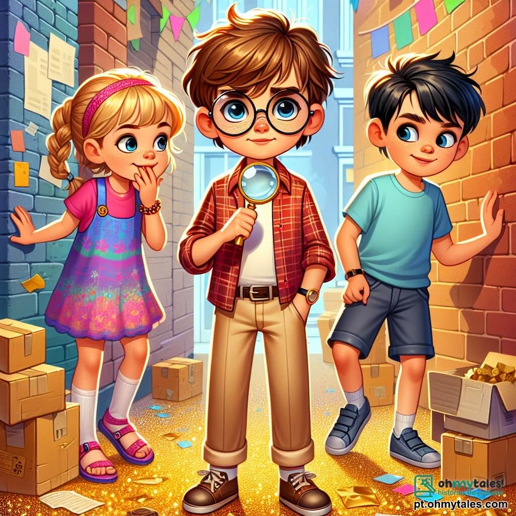Um garoto de 12 anos, com cabelos castanhos bagunçados e óculos redondos, está no centro da imagem, com uma expressão determinada e curiosa, segurando uma lupa na mão direita. Ele usa uma camisa xadrez vermelha e uma calça bege, com um chapéu de detetive levemente torto na cabeça. À sua esquerda, uma menina de 11 anos, com cabelos loiros trançados e um sorriso travesso, observa atentamente um pedaço de confete dourado no chão, vestida com um vestido colorido e sandálias. À sua direita, um garoto de 12 anos, com cabelos pretos e óculos de sol, olha ao redor com uma expressão intrigada, vestindo uma camiseta azul e um short. O cenário é um beco estreito, cercado por paredes de tijolos coloridos, cheio de caixas de papelão e decorações de festa espalhadas. Confetes dourados brilham no chão, criando uma atmosfera festiva. O grupo de jovens investigadores está descobrindo uma pista misteriosa, com expressões de curiosidade e excitação, enquanto examinam o chão em busca de pistas para resolver o mistério da festa.