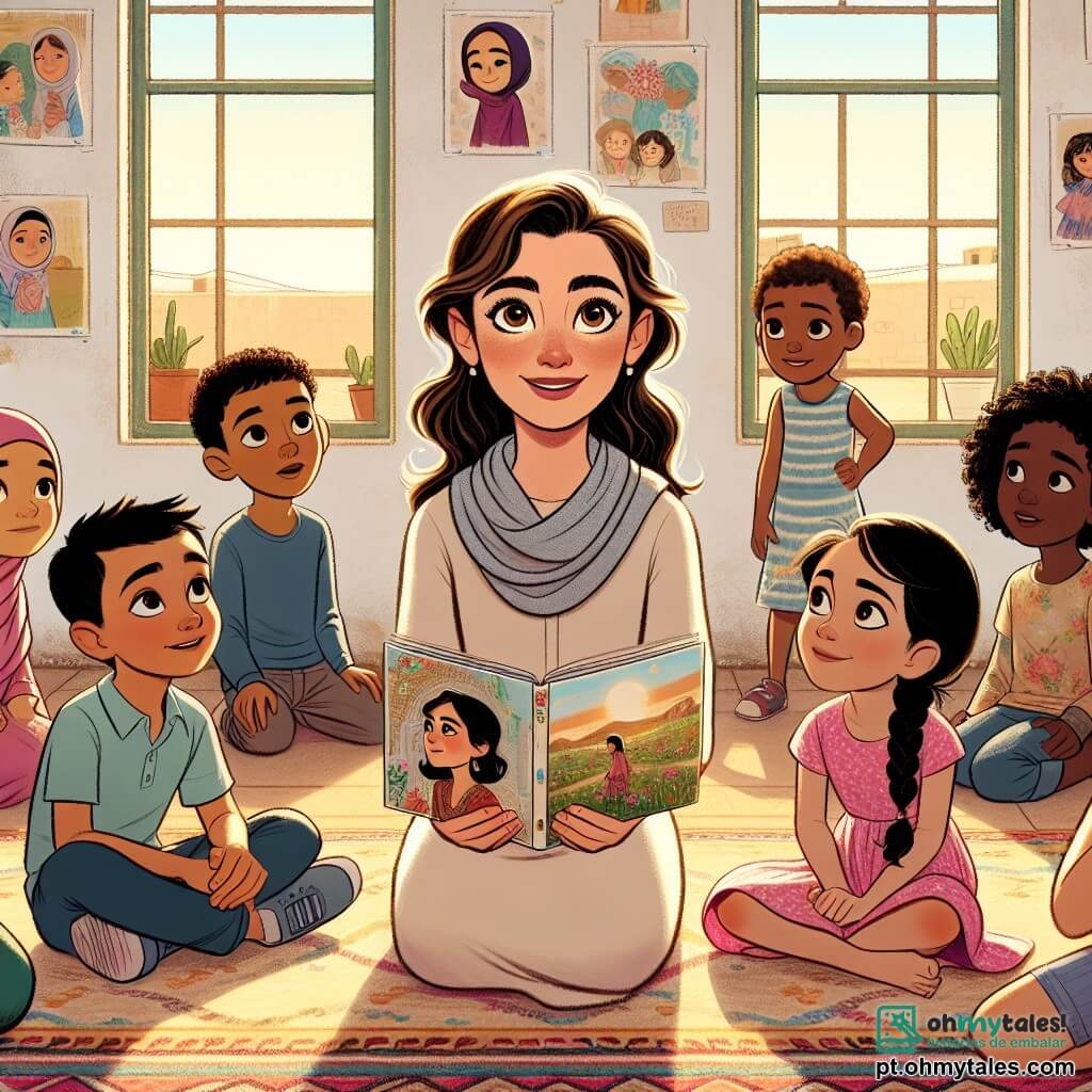 Ana, uma mulher de cerca de trinta anos, com cabelos castanhos e olhos cheios de determinação, está no centro de um círculo de crianças. Ela usa uma blusa colorida e uma calça prática, sorrindo calorosamente enquanto segura um livro ilustrado, pronta para compartilhar uma história. Omar, um garoto de onze anos com cabelos negros e olhos curiosos, está à sua direita, ouvindo atentamente com um sorriso no rosto. À esquerda, Sofia, uma menina de nove anos com tranças e um vestido rosa, olha para Ana com admiração, suas mãos apertadas nos joelhos, ansiosa para fazer uma pergunta. O local é um centro comunitário simples, mas acolhedor, com paredes decoradas com desenhos de crianças, tapetes coloridos no chão e almofadas espalhadas para sentar. Raios de sol filtram-se pelas janelas, iluminando a cena com uma luz suave e calorosa. Ana está contando uma história cativante às crianças, que estão todas atentas e engajadas, criando um momento de compartilhamento e sonho em meio aos desafios do cotidiano.