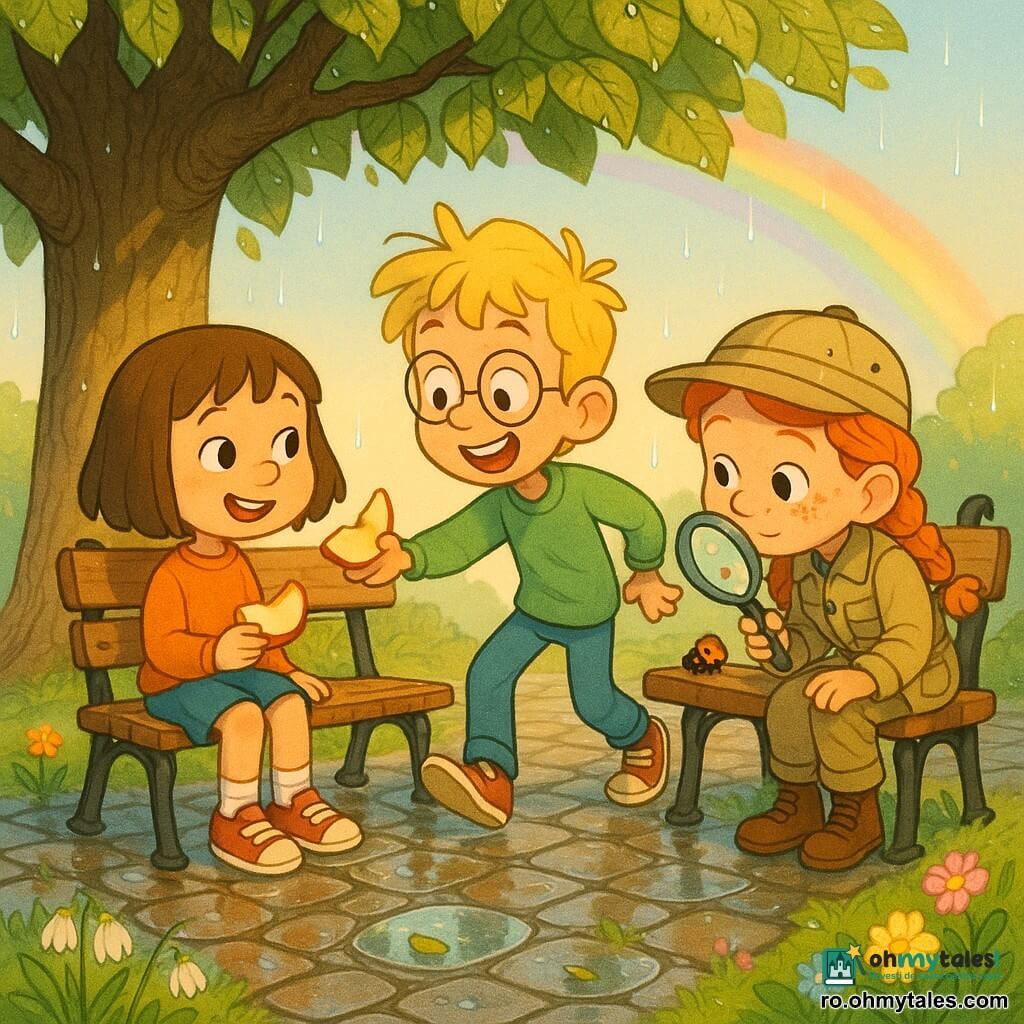 Trei copii: Iulia, 8 ani, păr brun scurt, obraji roșii, stânga pe bancă, ține o felie de măr și zâmbește la prieteni; Dan, 9 ani, păr blond ciufulit, ochelari rotunzi, în centru, în picioare, întinzând o felie de măr, expresie jucăușă; Mara, 8 ani, păr roșcat împletit, pistrui, dreapta pe bancă, îmbrăcată ca exploratoare, privește o buburuză pe spătar ținând o lupă. Loc: parc mic cu alee pietruită umedă, bancă veche de lemn sub un tei, iarbă și bălți reflectorizante cu frunze plutitoare, flori timide de primăvară, cer senin cu curcubeu pal, lumină aurie de seară și picături strălucind pe frunze. Scenă: după o ploaie blândă de primăvară, copiii râd și împart mere, buburuza urcă pe spătar, barci din frunze plutesc în bălți; atmosferă veselă, calmă și răcoroasă, culori pastel luminoase, texturi vizibile (reflexii în apă, picături pe lemn, fibre de haine). Stil vizual: cartoon 2D cu contururi fine, paletă pastel saturată, cadru larg la înălțimea copiilor, focalizare pe expresii și detalii (lupă, felie de măr, buburuză, reflexii).
