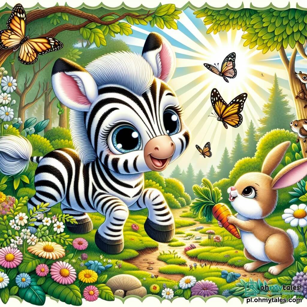 Mały zebra w białe i czarne paski, z dużymi, błyszczącymi oczami pełnymi ciekawości i radosnym uśmiechem, eksploruje słoneczną polanę, otoczoną kolorowymi kwiatami i tańczącymi motylami. Obok niego skacze mała króliczka z dużymi uszami i miękkim futrem, z ekscytacją na twarzy, trzymając marchewkę w przednich łapkach. Figlarny wiewiór, siedzący na gałęzi, obserwuje ich z figlarnym spojrzeniem, gotowy do dołączenia do ich przygody. Scena rozgrywa się w zielonym lesie, gdzie promienie słońca przenikają przez liście drzew, tworząc tańczące cienie na podłożu pokrytym mchem i dzikimi kwiatami. W centrum obrazu zebra i króliczka odkrywają tajemniczą ścieżkę prowadzącą w głąb lasu, symbolizującą początek ich wielkiej letniej przygody.