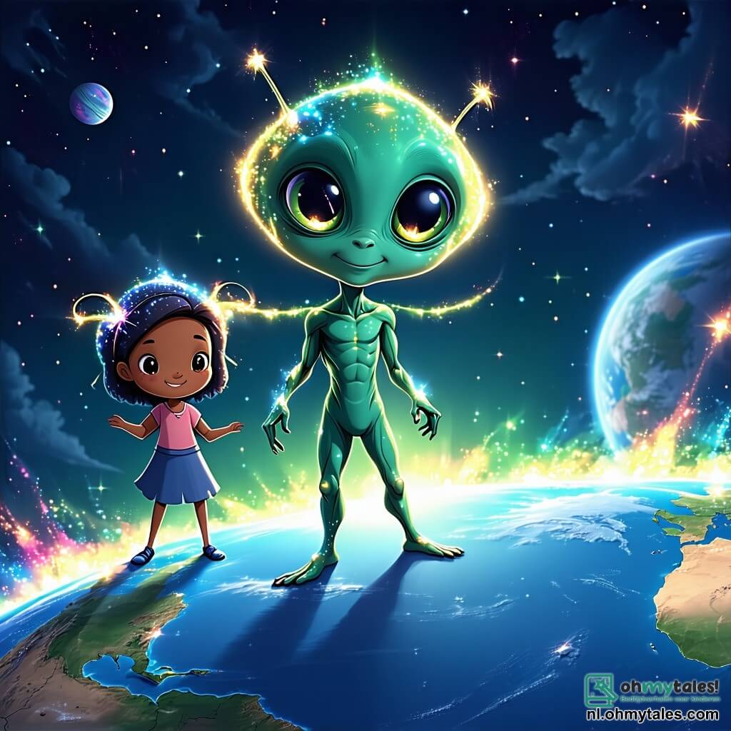 Lumo, een jonge Zoraxiaan met een glanzende, kleurrijke huid en brede, nieuwsgierige ogen, staat in het midden van de afbeelding met een verwonderde uitdrukking terwijl hij de planeet Terra voor het eerst observeert. Naast hem staat Tira, een andere Zoraxiaan met zwevende haren en glinsterende antennes, die enthousiast glimlacht met haar armen omhoog alsof ze dit nieuwe avontuur verwelkomt. Op de achtergrond kijkt een groep jonge mensen, waaronder Alex, een jongen met bruin haar en sprankelende ogen, nieuwsgierig naar de Zoraxianen, met gezichten verlicht door de opwinding van deze intergalactische ontmoeting. De omgeving toont een prachtig aardlandschap met bomen met levendige bladeren, een heldere blauwe lucht vol pluizige wolken en kleurrijke bloemen die dansen in de wind, wat een gastvrije en magische sfeer creëert. De belangrijkste situatie toont Lumo en Tira die vriendelijke gebaren uitwisselen met de mensen, wat een vrolijke en veelbelovende ontmoeting illustreert, symboliserend de vereniging van twee verschillende werelden in een geest van ontdekking en vriendschap.