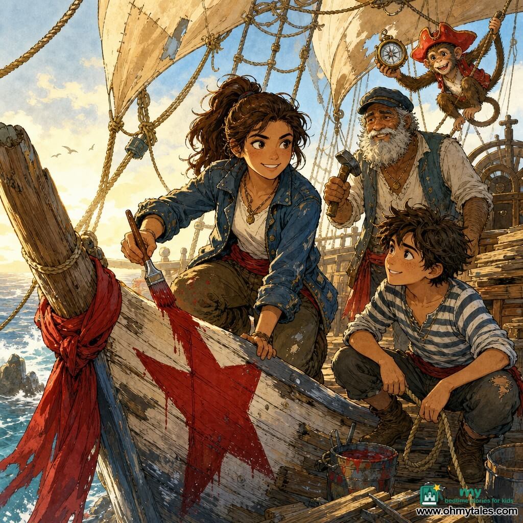 The protagonist is Rhea, a 16–18-year-old girl with a round face, bright mischievous eyes, brown ponytail and a worn blue leather jacket; she smiles determinedly while holding a red paintbrush painting a large red star on the ship’s bow. Pip, about 14, fair-skinned in a striped shirt with tousled hair, crouches beside her holding a rope and admiring the paint. Old Tom, around 60 with a thick gray beard and a worn cap, stands aft with a rusty hammer, smiling proudly near a pile of repaired planks. Captain Bananas, a small monkey wearing a tiny red pirate hat, clings to the rigging above the helm waving a shiny compass. The setting is the deck of an old pirate ship under reconstruction—freshly painted wood, patched tan sails, a rope ladder, scattered tools and a red scarf tied to the bow—captured as a joyful post-storm repair scene with bright colors, active gestures, paint splashes and golden morning light on bow and faces, conveying camaraderie and hope.