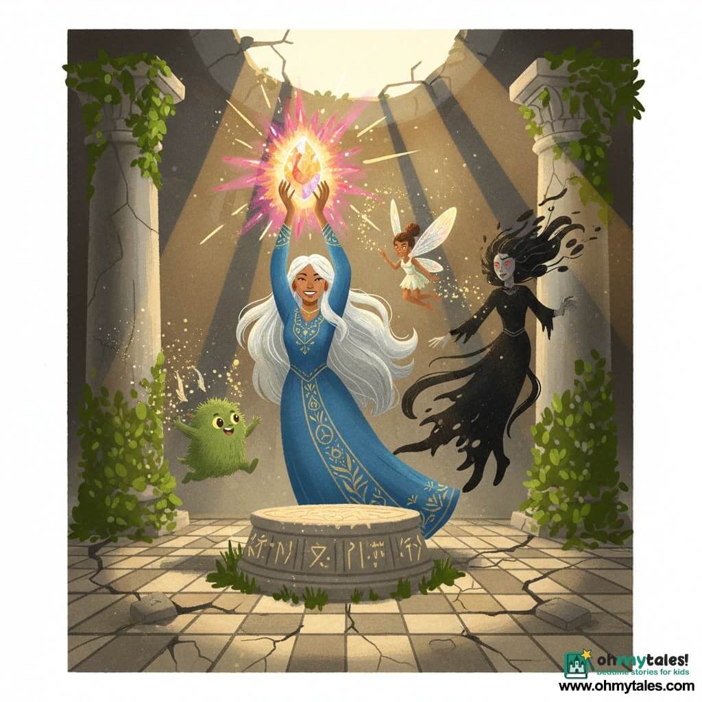 The main character is Elara, a 28-year-old mage with a soft determined face and long silver hair, wearing a blue robe embroidered with gold and holding the Aether Crystal that radiates warm, multicolored light with a triumphant, serene expression; a small green fuzzy noog named Nibbles jumps at shoulder height in the foreground, joyfully absorbing magic sparks; a tiny fairy, Lirael, with iridescent translucent wings flutters near the crystal, leaving a trail of glittering dust; the witch Morwenna, about 45, gaunt and cloaked in tattered black, dissolves into shadow with fading red eyes as she retreats; the scene is an ancient ruined hall with ivy-covered stone columns, cracked mosaic tiles, glowing runes on a central pedestal, and light beams through a roof opening with visible dust; Elara raises the crystal above the pedestal, a burst of warm color driving back a swirling black shadow in a dynamic, high-contrast moment of triumph and restored magic.