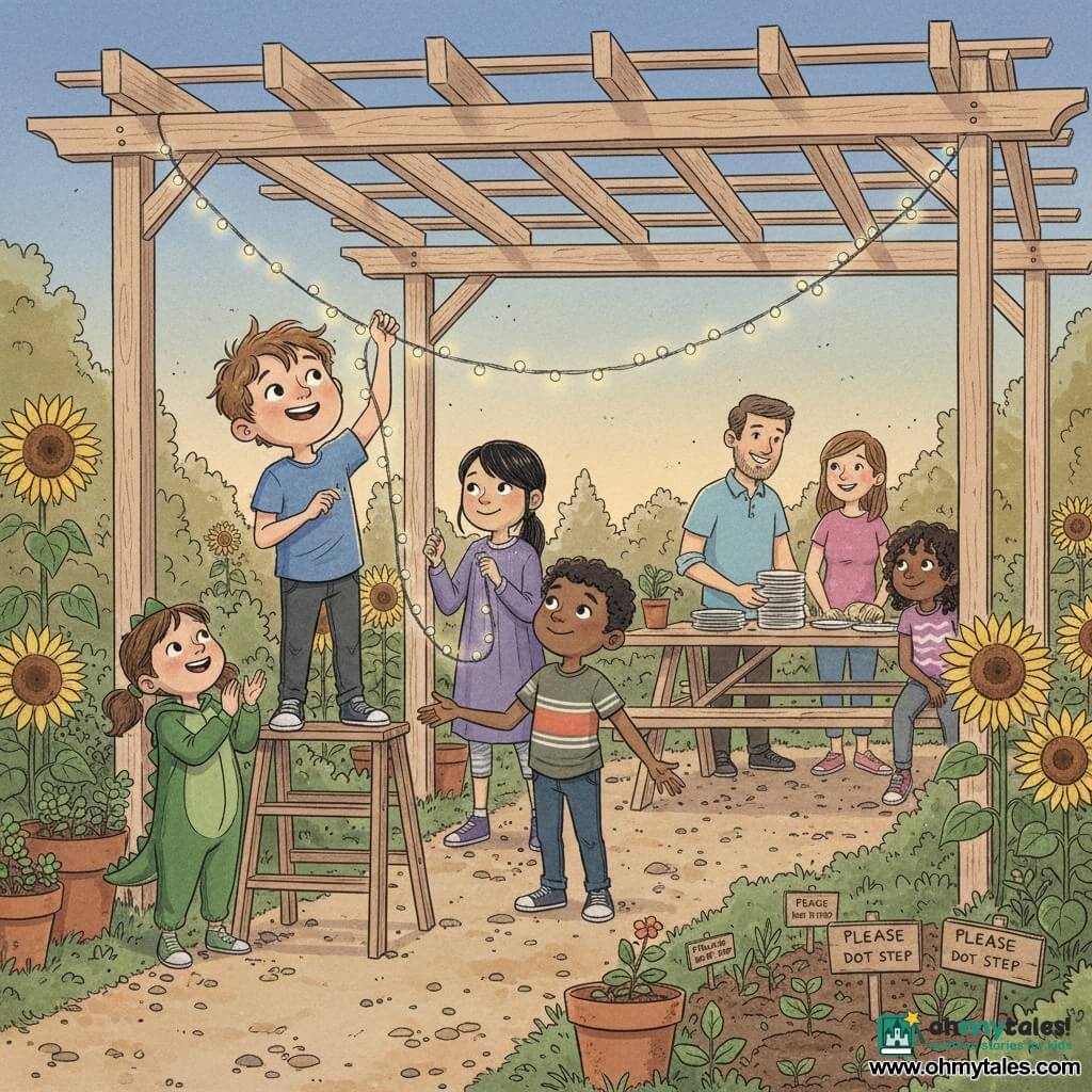 A 12-year-old boy with a round face, short tousled light brown hair, a wide smile and bright eyes, holding one end of a garland of small silver lights and draping it over a wooden pergola while standing on a small step stool; his ~7-year-old sister in a green felt dinosaur costume with pigtails sits on a wooden bench clapping with felt-clawed hands to his left; an ~11-year-old girl, Lila, with smooth black hair in a low ponytail, shy-turned-serene, holds the garland in the middle slightly set back, careful and focused; a ~12-year-old girl, Nia, fair-skinned with braids, stands on the ground guiding the string with raised hands; a ~12-year-old boy, Amir, brown-skinned with a quiet smile, stands below ready to support with open arms; ~10-year-old twins Zoë and Jules, one curly-haired and one straight, hold the other end of the garland side by side near a picnic table; parents in the background smile as they stack paper plates on the table; the setting is a community garden at dusk with a light wood pergola, weathered picnic table, flower pots, seed beds marked “PLEASE DO NOT STEP,” sunflowers and a gravel path; the main scene shows the warm-bulb garland arched and casting soft golden reflections on faces, a calm collaborative atmosphere with warm washed-ink colors and visible paper-like textures.