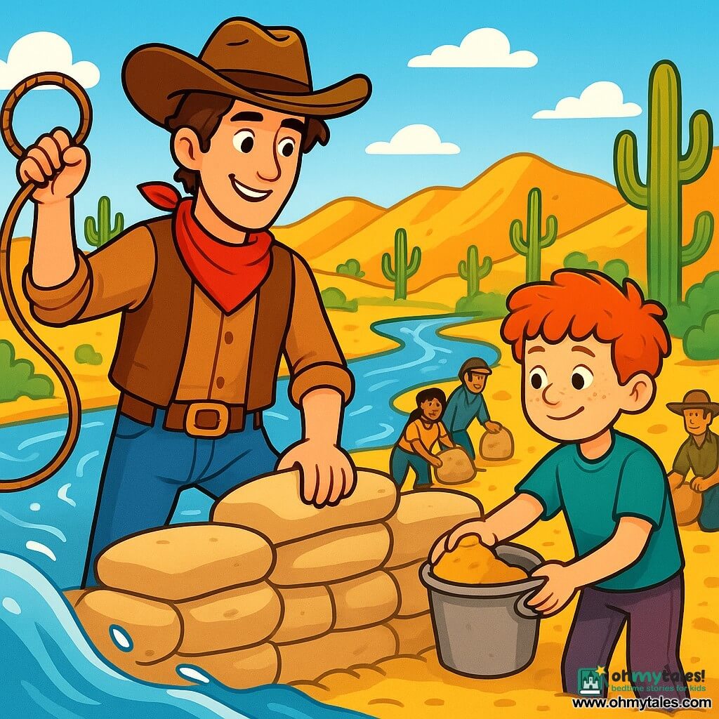 A cowboy named Jeb, a tall man with tousled brown hair and a warm smile, stands at the center of the scene, holding a lasso in one hand, his gaze determined and hopeful. To his right is a young boy named Tom, about 10 years old, with bright red hair and freckles, looking at Jeb with admiration while holding a bucket of sand. In the background, the landscape of Cactus Creek stretches out with golden hills, upright green cacti under a bright blue sky, and a tumultuous river threatening to overflow. The scene depicts Jeb and Tom working together to build a protective wall against rising waters, their faces focused and full of courage, as community members gather around them, ready to help.
