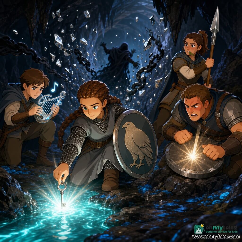 The protagonist is Mara, a determined, calm female guardian with braided brown hair and chainmail under a gray tunic, kneeling at a glowing stream as she plunges a small silver key that ignites into a thread of light in the water; to her left and slightly behind, 16‑year‑old Tovin crouches, hands trembling as he plays a clear note on a silver harp‑wand; to her right in the foreground, 25‑year‑old Corvin strikes his metal shield against a stone like a drum, face red and tense, while 22‑year‑old Jessa stands behind him holding a sturdy spear, jaw set but relieved; they are in a vast underground cavern of glossy black rock with pointed stalactites, a wet lichen‑covered floor and a turquoise glowing stream ringed by dark misty chains—the group creates a stone/metal rhythm and pure tone that makes light burst from the key, shatters the mist into silver fragments, illuminates the water, and forces a shadowy figure to retreat.