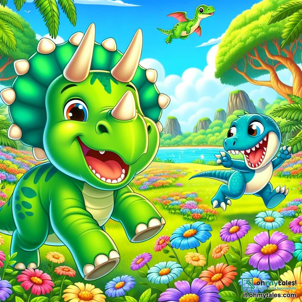 Un tricératops felice di nome Tito, con una pelle verde brillante e tre corna sulla testa, salta in un campo di fiori colorati, con un'espressione di felicità ed eccitazione. Accanto a lui, un velociraptor di nome Velo, con piume blu vivaci e occhi maliziosi, corre ridendo, le sue zampe agili lo spingono a tutta velocità. Sullo sfondo, una giungla lussureggiante si estende, con alberi giganti dalle foglie brillanti e fiori di tutti i colori, mentre un lago scintillante riflette il cielo blu. La scena mostra Tito e Velo che si divertono insieme, giocando a inseguirsi tra i fiori, pieni di gioia e amicizia.
