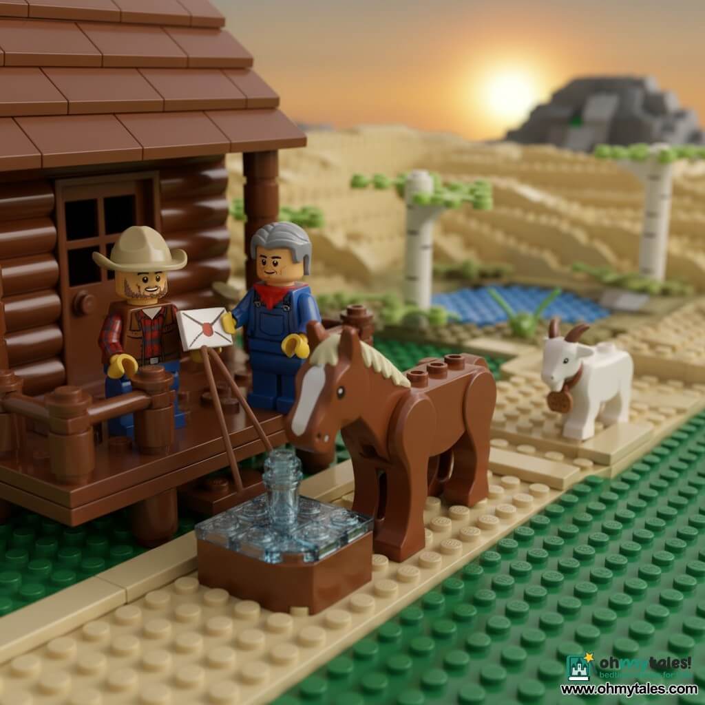 Tom, about 35, round-faced with stubble, wearing a worn beige hat, red-and-blue plaid shirt and brown leather vest, smiling but focused, holds a sealed letter in one hand and his horse's reins in the other; Maple, a broad-chested chestnut with a pale blaze, drinks from a wooden trough in the foreground; an older relay master of about 50 with graying hair, overalls and a scarf stands on the small wooden porch reaching for the letter; a small white kid with a wooden tag on its neck heads down the dusty path toward the farm; the setting is a rustic wooden relay station with a wide porch, barrels, a trough, a dusty trail across golden plains, cotton birches by a pond and a low rocky hill; Tom has arrived at dusk, dusty from a sandstorm, handing the sealed letter to the relay master as warm sunset light casts long shadows and calm returns.