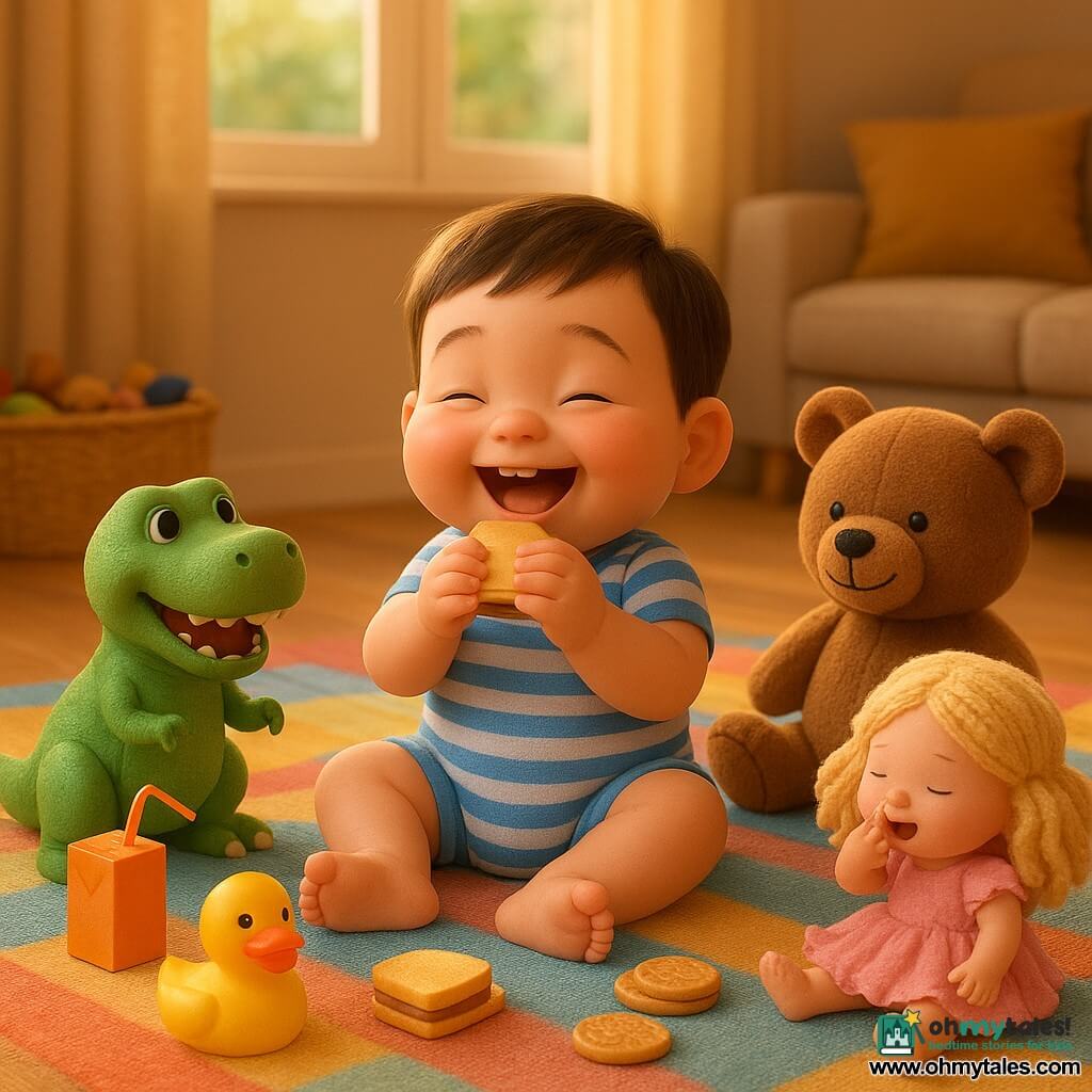 A smiling, chubby 2-year-old boy with short brown hair in a blue-and-white striped bodysuit sits on a colorful blanket pretending to eat a plastic sandwich; to his right a brown teddy bear named Mr. Fluffy with a visible seam and an embroidered smile sits slightly tilted as if nodding; opposite him a girl doll called Dolly in a pink ruffled dress with blond yarn hair pretends to sneeze; to the left a green toy dinosaur named Rexy knocks over a small plastic juice carton with an imaginary drop; a yellow rubber duck named Quacky near plastic cookies has its beak open; the warm living room has light wood floors, a large window with golden light, a colorful rug, an overflowing toy basket and soft cushions; the centered, luminous scene shows an imaginary picnic with the boy and toys sharing plastic food in a joyful atmosphere with bright colors and soft textures.