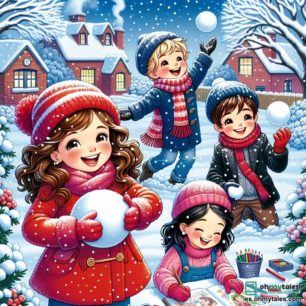 Cuatro amigos, Clara, Tomás, Sofía y Lucas, están reunidos en un jardín nevado. Clara, con cabello castaño y rizado, lleva un abrigo rojo brillante y un gorro a juego, riendo mientras sostiene una bola de nieve. Al lado de ella, Tomás, un chico rubio con gafas, viste una bufanda azul y prepara una bola de nieve con una gran sonrisa. Sofía, con cabello largo y negro, lleva un abrigo rosa y guantes, y está dibujando en un cuaderno con lápices de colores. Finalmente, Lucas, con cabello castaño y corto, lanza una bola de nieve al aire, su rostro iluminado por la emoción. El jardín está lleno de copos de nieve brillantes, con árboles cubiertos de nieve y una pequeña casa de ladrillos rojos al fondo, de la que sale humo por la chimenea. La atmósfera es alegre y mágica, con un cielo azul claro y rayos de sol iluminando la escena. Los amigos se divierten haciendo una batalla de bolas de nieve, riendo y corriendo en todas direcciones, creando un ambiente de camaradería y alegría invernal.