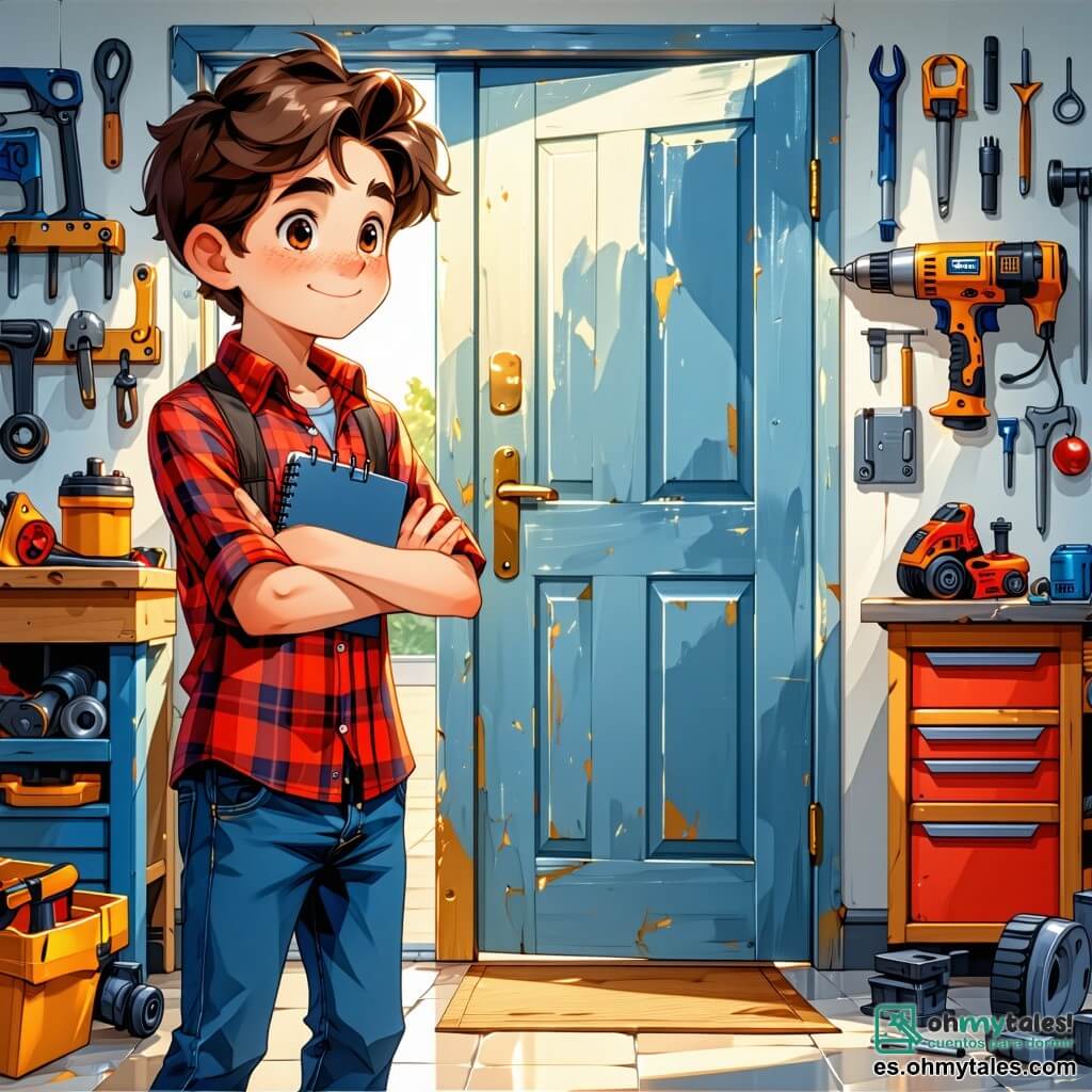 Un niño de 12 años, con el cabello castaño revuelto y ojos llenos de curiosidad, se encuentra frente a una puerta brillante en su taller. Lleva una camisa de cuadros rojos y un pantalón de mezclilla, con una expresión de emoción y un poco de aprensión en su rostro. A su lado, una niña de 12 años, con largas trenzas rubias y una sonrisa traviesa, observa la escena, sosteniendo una naranja en una mano y un cuaderno en la otra. El taller está lleno de herramientas, planos de máquinas y cajas de tornillos, con una luz suave filtrándose a través de una ventana polvorienta. Al fondo, estanterías cargadas de libros antiguos y piezas de metal añaden un ambiente de invención. La situación principal muestra al niño listo para activar una extraña máquina, una especie de bicicleta transformada en aparato de viaje en el tiempo, mientras una luz dorada emana de la puerta, prometiendo una aventura increíble.