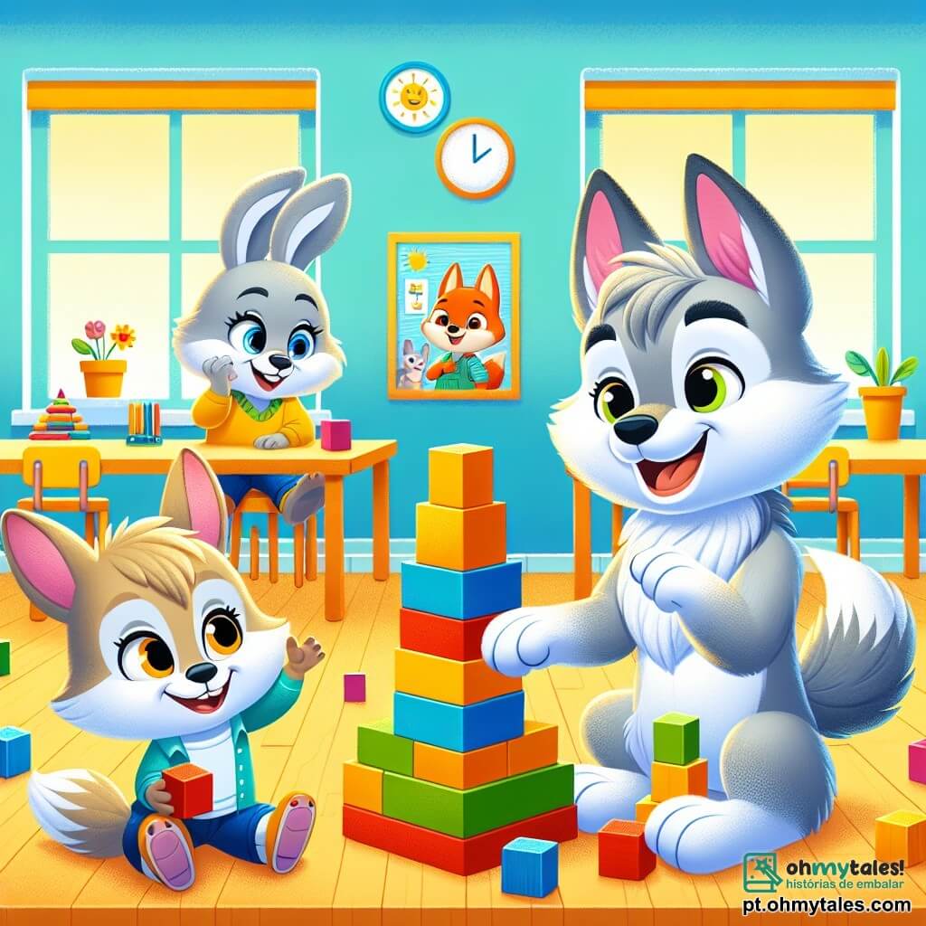 Um pequeno lobo chamado Zezinho, com pelagem cinza suave e olhos brilhantes de curiosidade, está no centro da cena, sorrindo entusiasticamente enquanto constrói uma torre de blocos coloridos. Ao seu lado, uma pequena raposinha chamada Nina, com pelagem dourada e olhos travessos, ri alegremente ao adicionar um bloco à torre. Um coelhinho chamado Beto, com grandes orelhas e pelagem branca brilhante, aplaude com empolgação, os olhos brilhando de admiração pela criação deles. A cena acontece em uma sala de aula iluminada e acolhedora, com paredes pintadas em cores vivas, cartazes educativos pendurados e janelas deixando entrar a luz do sol. Mesas de madeira estão dispostas ao redor, e brinquedos de madeira estão espalhados pelo chão. Zezinho, Nina e Beto estão colaborando alegremente para construir uma grande torre de blocos, simbolizando a amizade e o aprendizado em sua nova escola.