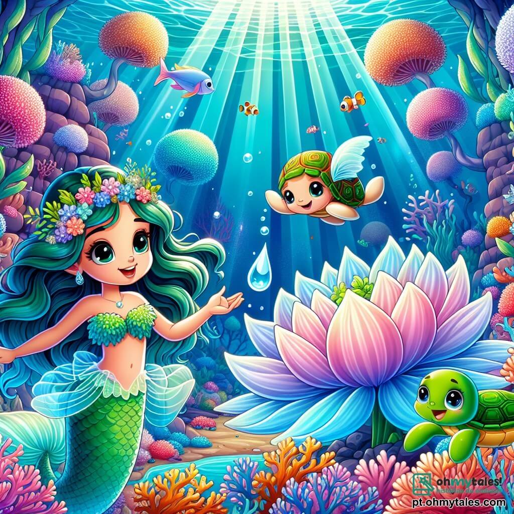 Uma sereia chamada Marina, com longos cabelos ondulados na cor de algas, escamas cintilantes em tons de azul e verde, está à beira de uma magnífica flor gigante, seus olhos brilhando de excitação e determinação. Ela estende uma mão delicada em direção à flor, pronta para depositar uma gota de água preciosa. Perto dela, sua fiel amiga Tuga, uma tartaruga marinha com carapaça colorida e olhos travessos, nada alegremente ao seu redor, incentivando Marina com um sorriso amigável. O cenário é um reino subaquático encantador, repleto de corais multicoloridos, peixes com asas translúcidas e raios de luz filtrando através da água, criando uma atmosfera mágica e luminosa. A cena representa o momento crucial em que Marina se prepara para salvar seu mundo ao oferecer a gota de água à flor, simbolizando esperança e coragem diante da adversidade.